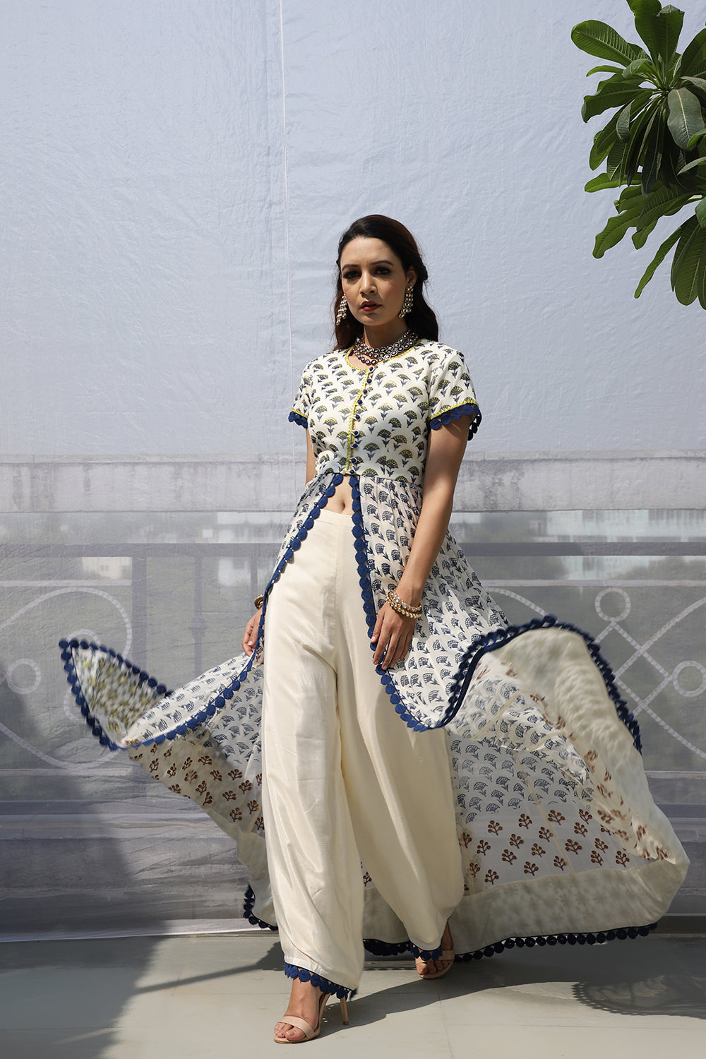 WHITE STAR MOTIF FRONT OPEN ANARKALI SET