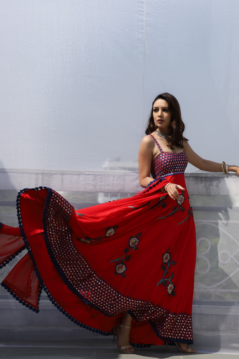 RED BIG FLOWER BOOTA LEHNGA SET