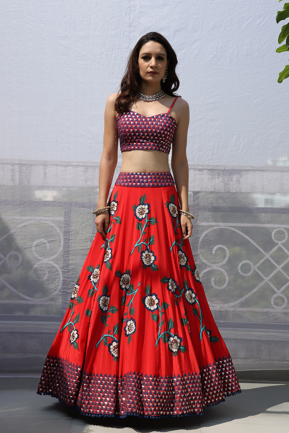 RED BIG FLOWER BOOTA LEHNGA SET