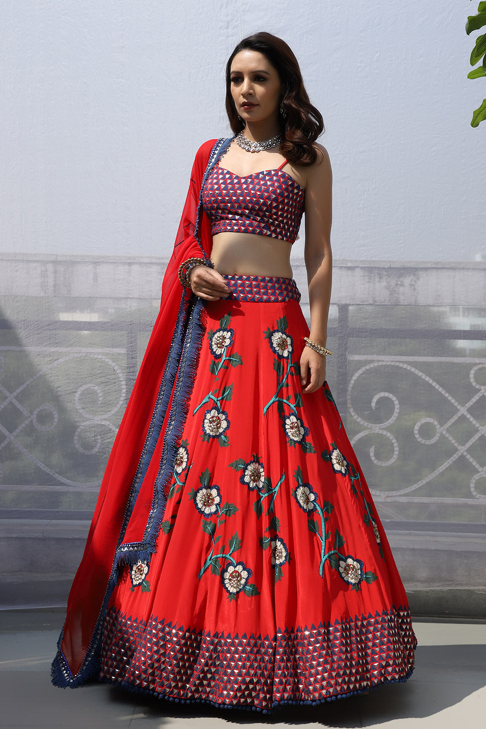 RED BIG FLOWER BOOTA LEHNGA SET