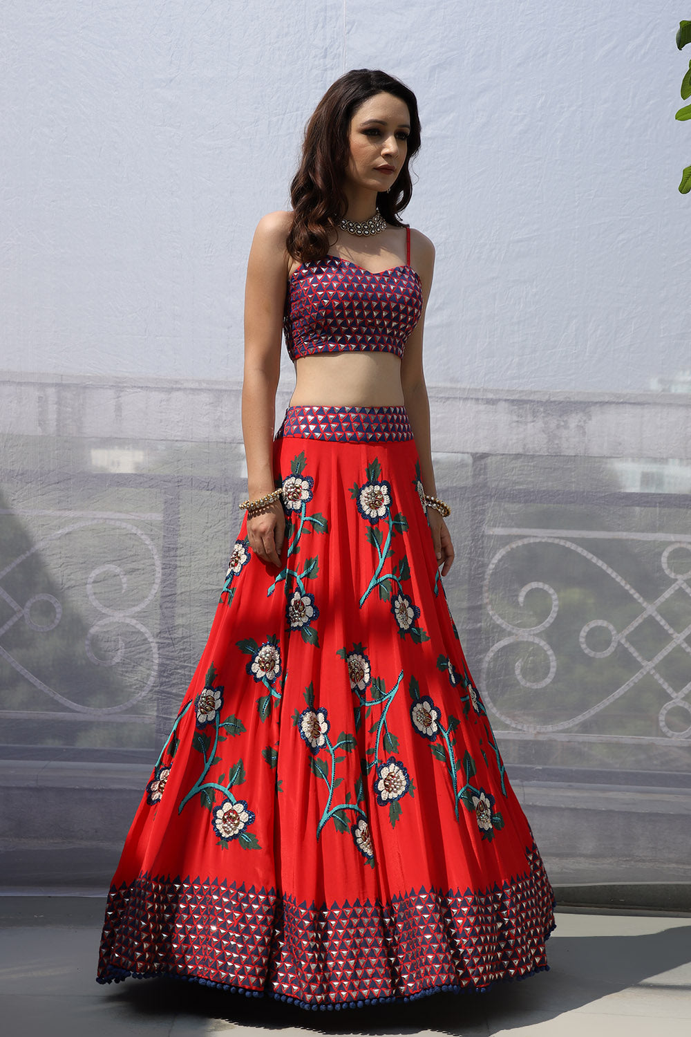 RED BIG FLOWER BOOTA LEHNGA SET