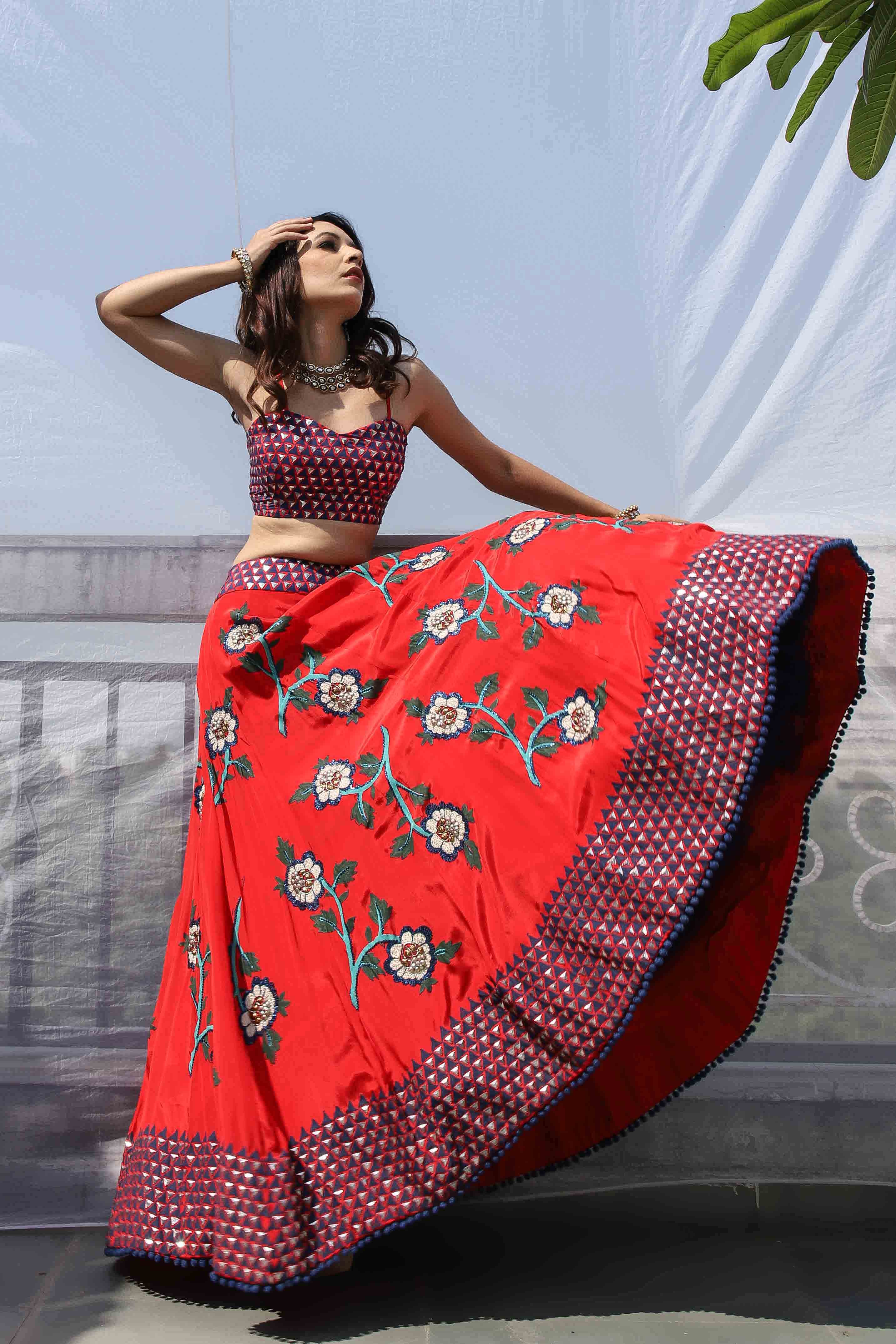 RED BIG FLOWER BOOTA LEHNGA SET