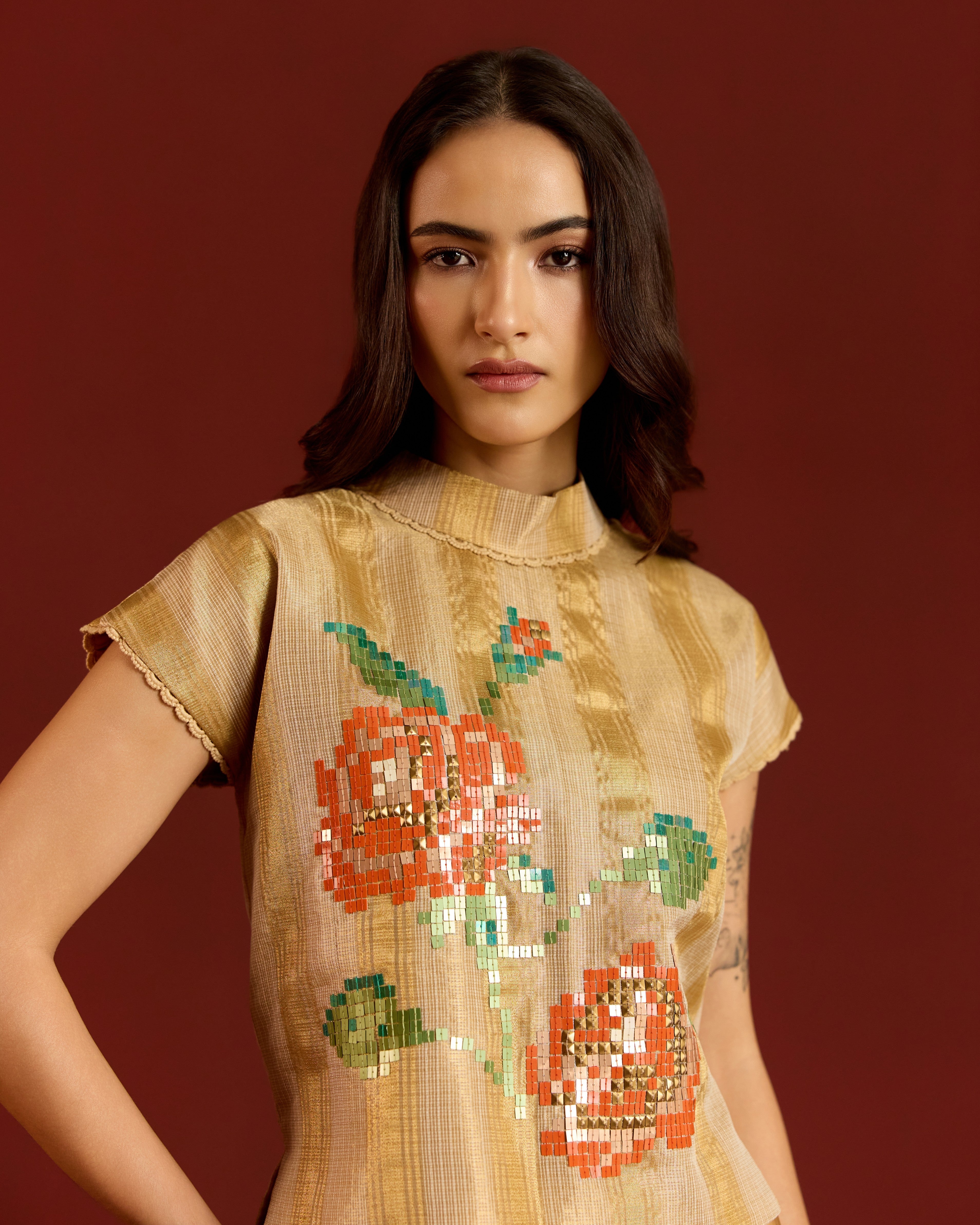 GOLD ZARI KOTA CROP TOP +SHARARA