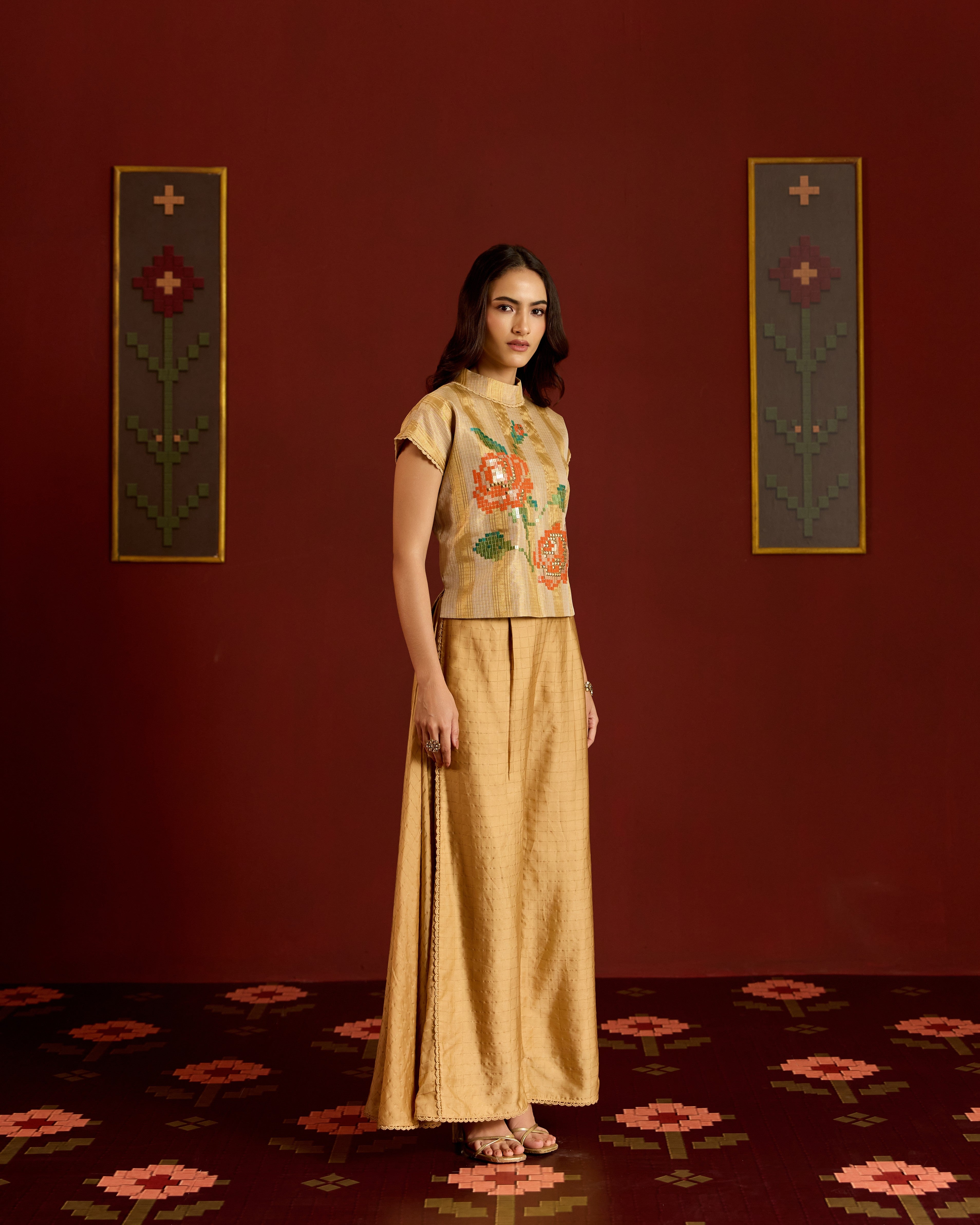 GOLD ZARI KOTA CROP TOP +SHARARA