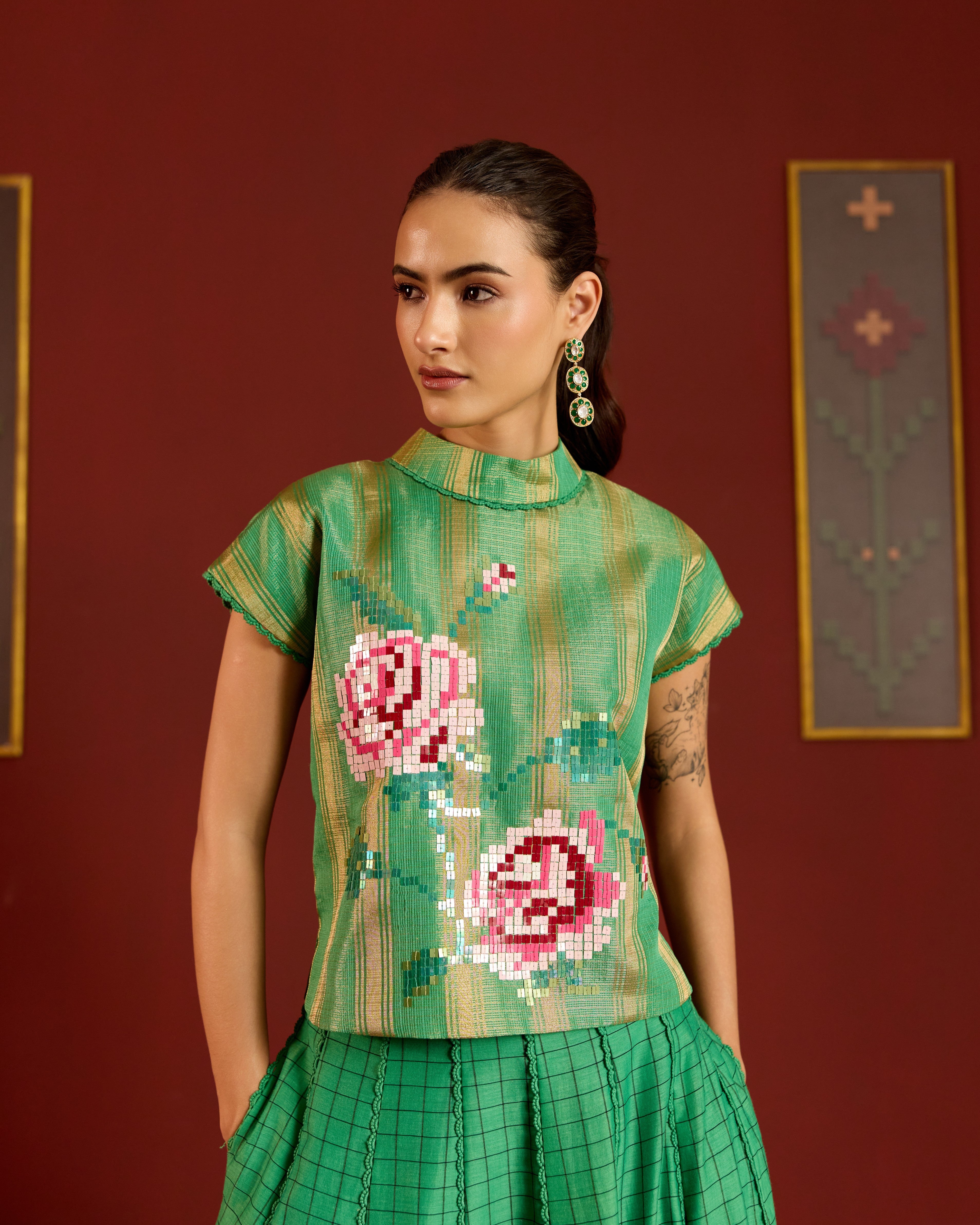 GREEN ZARI KOTA CROP TOP + SKIRT