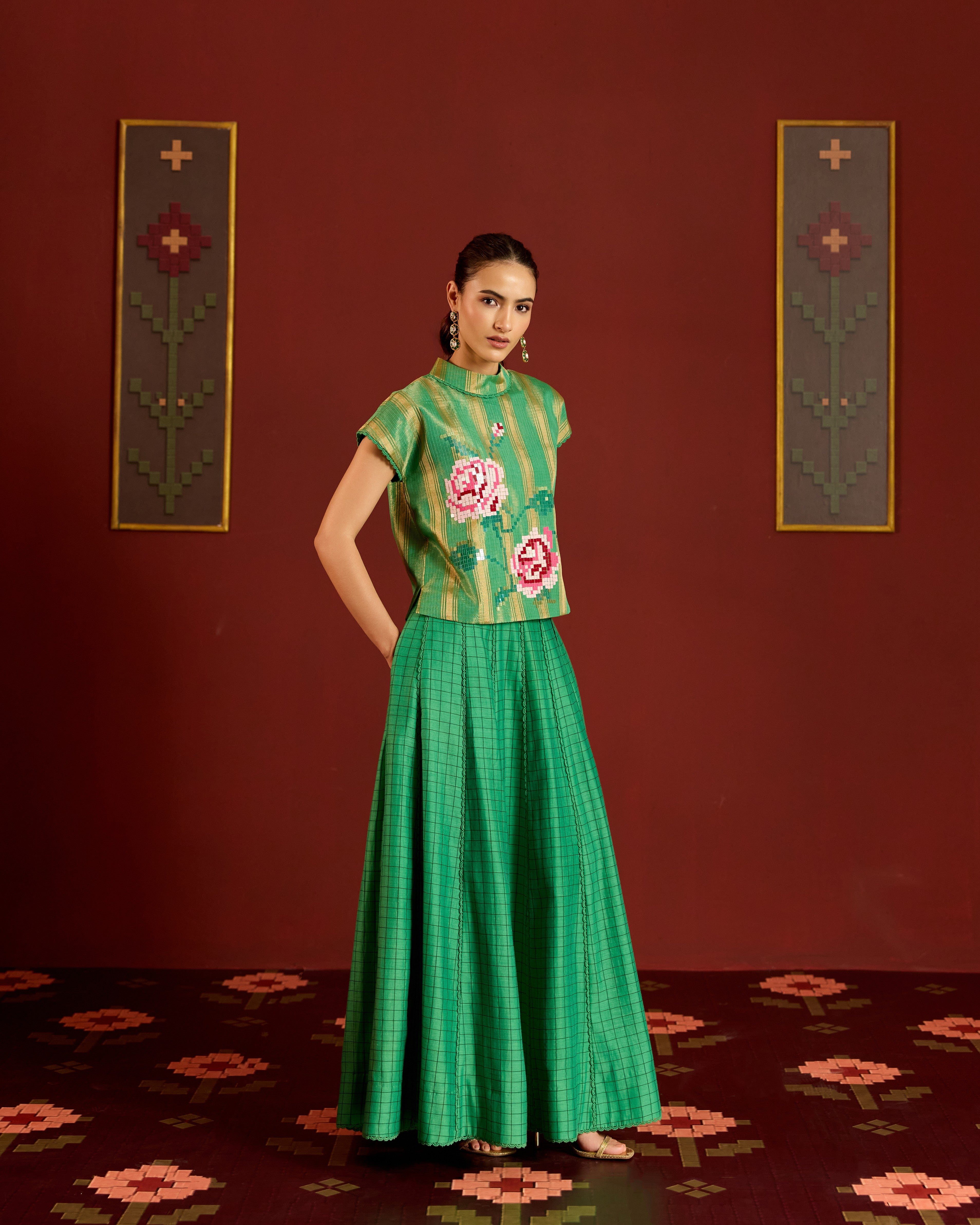 GREEN ZARI KOTA CROP TOP + SKIRT