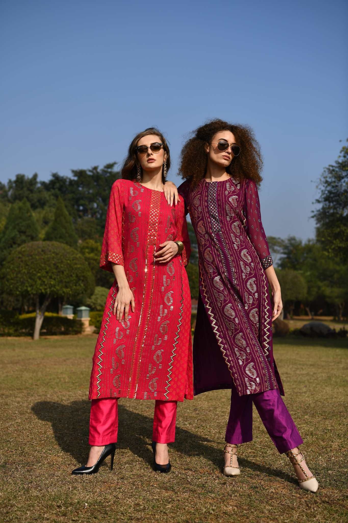 Ikat straight kurta fuchia