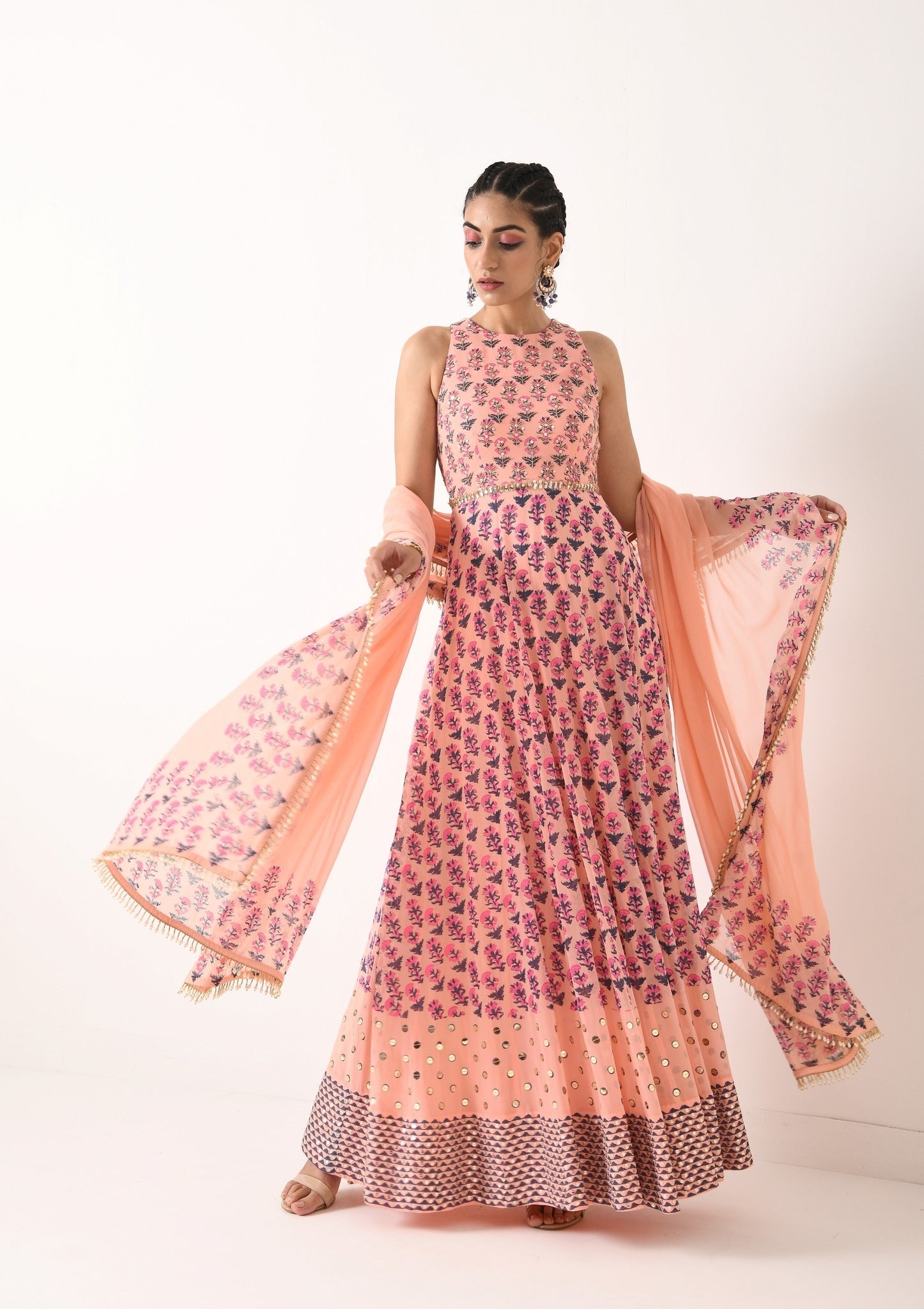 BLUSH PINK ALL OVER PRINT , HAULTER ANARKALI