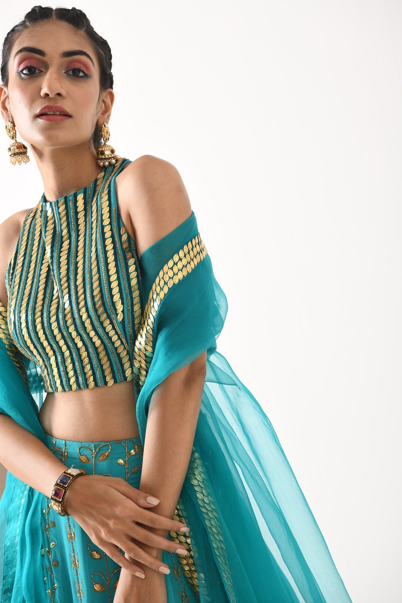 TEAL OMBRE GOLDEN LEAF MOTIF LEHNGA