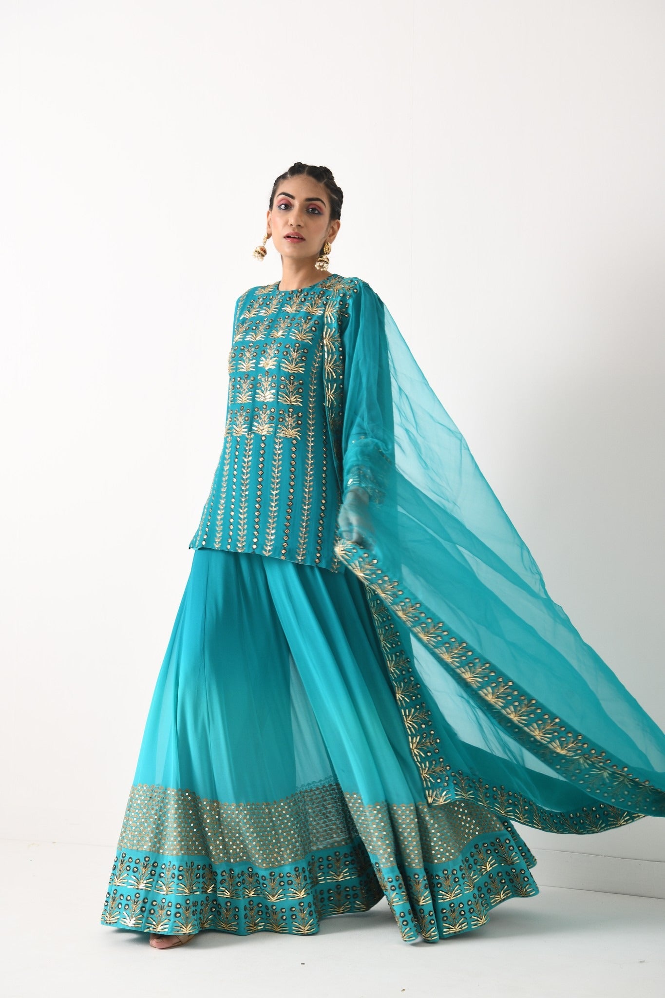 TEAL OMBRE LINEAR EMBROIDERY SHORT SHARARA SET