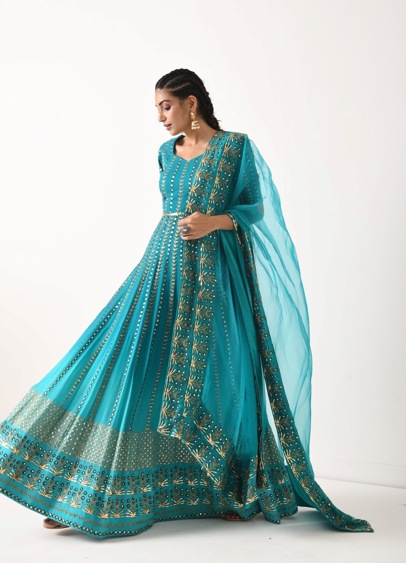 TEAL OMBRE LINEAR EMBROIDERY ANARKALI SET