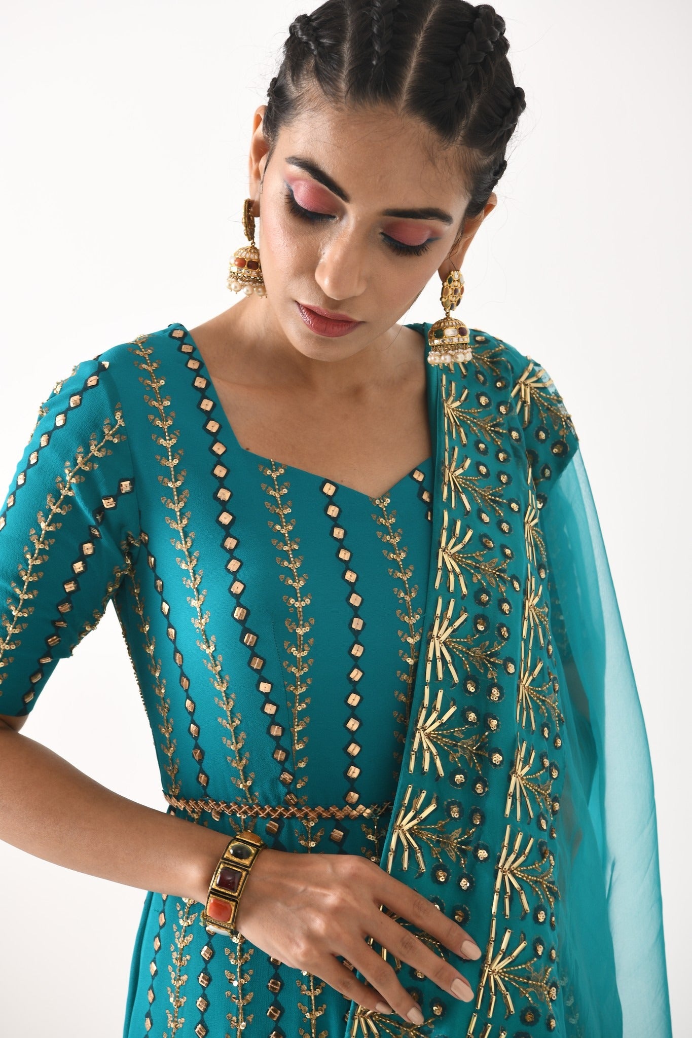 TEAL OMBRE LINEAR EMBROIDERY ANARKALI SET