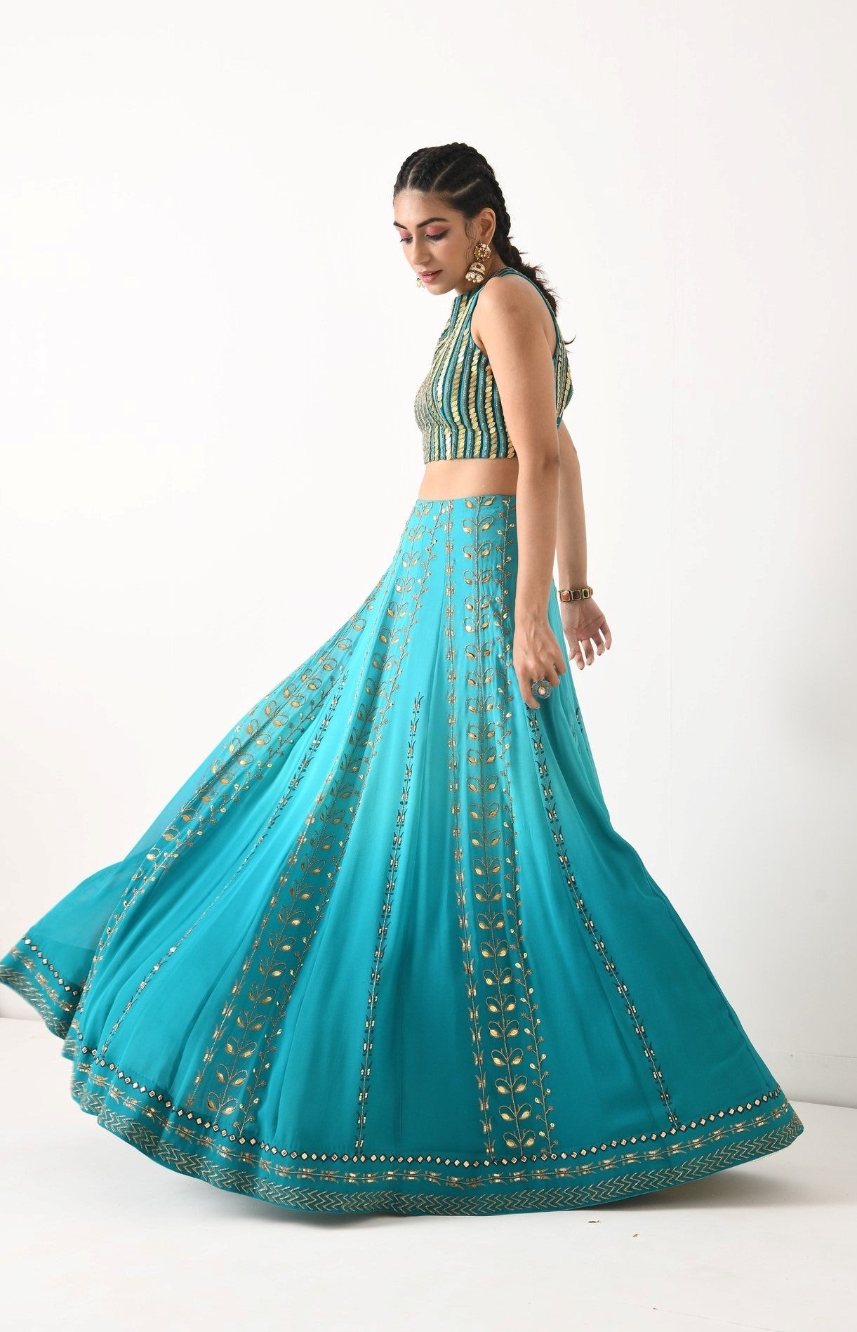 TEAL OMBRE GOLDEN LEAF MOTIF LEHNGA