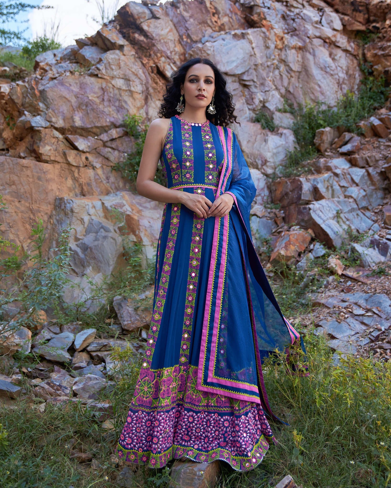 KUTCH BLUE LINEAR ANARKALI SET