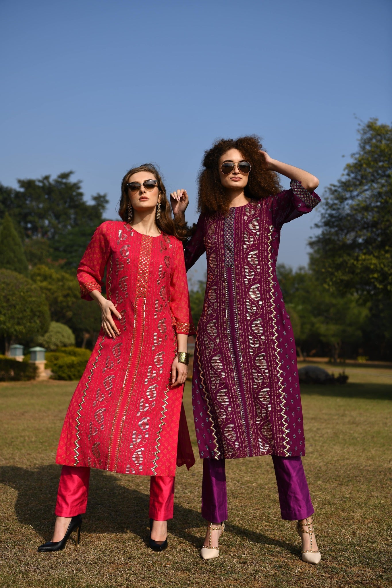 Ikat straight kurta fuchia