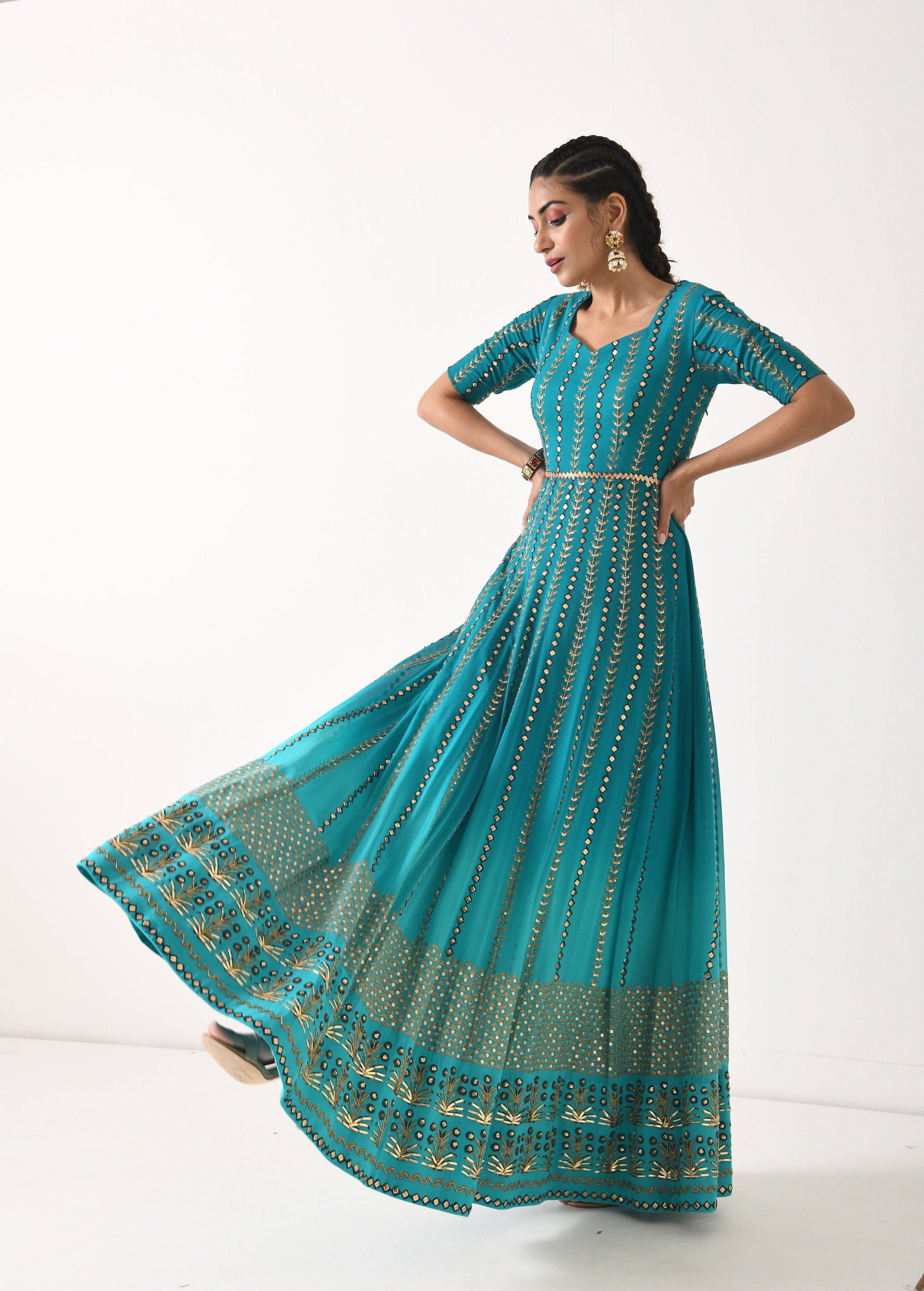 TEAL OMBRE LINEAR EMBROIDERY ANARKALI SET