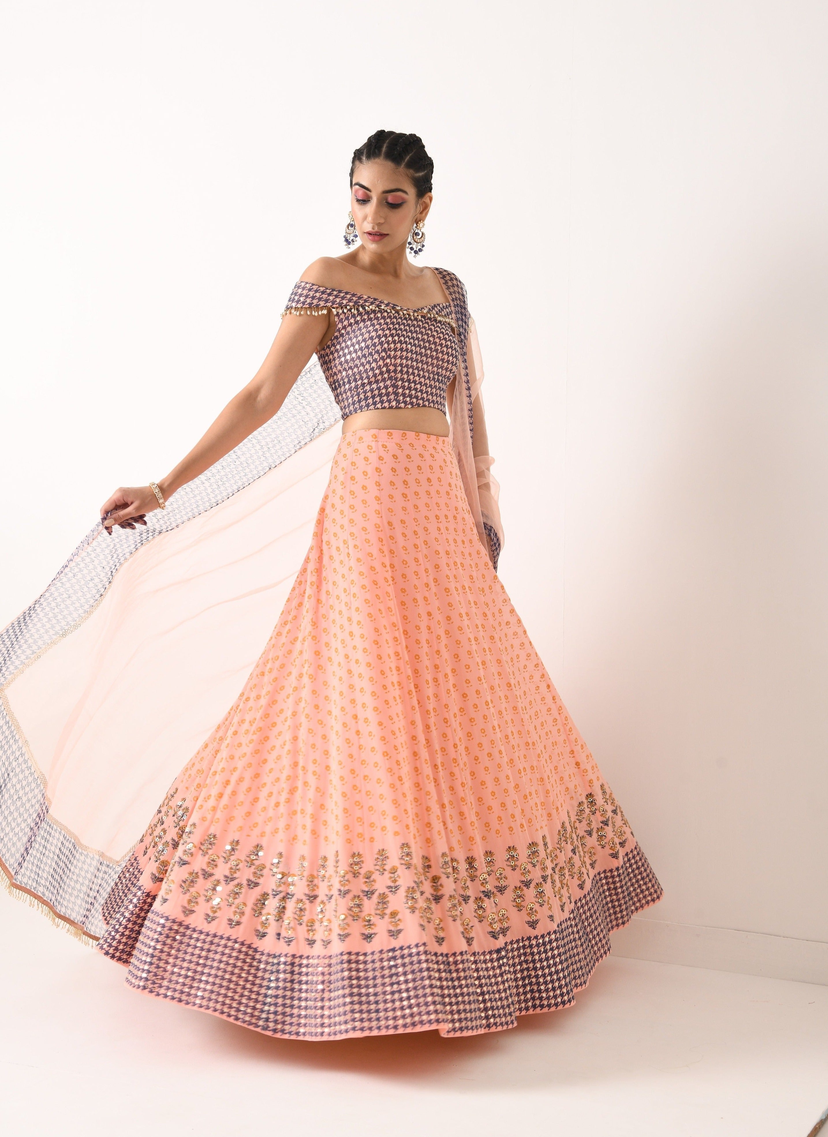 BLUSH PINK HOUNDSTOOTH LEHNGA SET