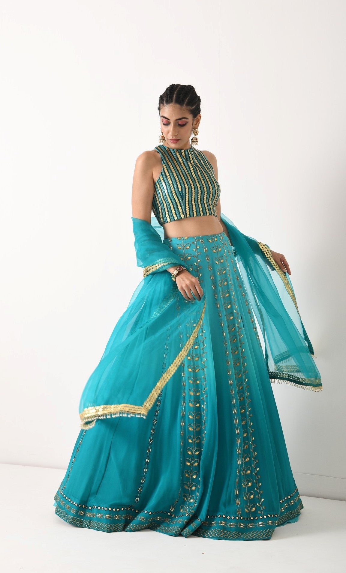 TEAL OMBRE GOLDEN LEAF MOTIF LEHNGA