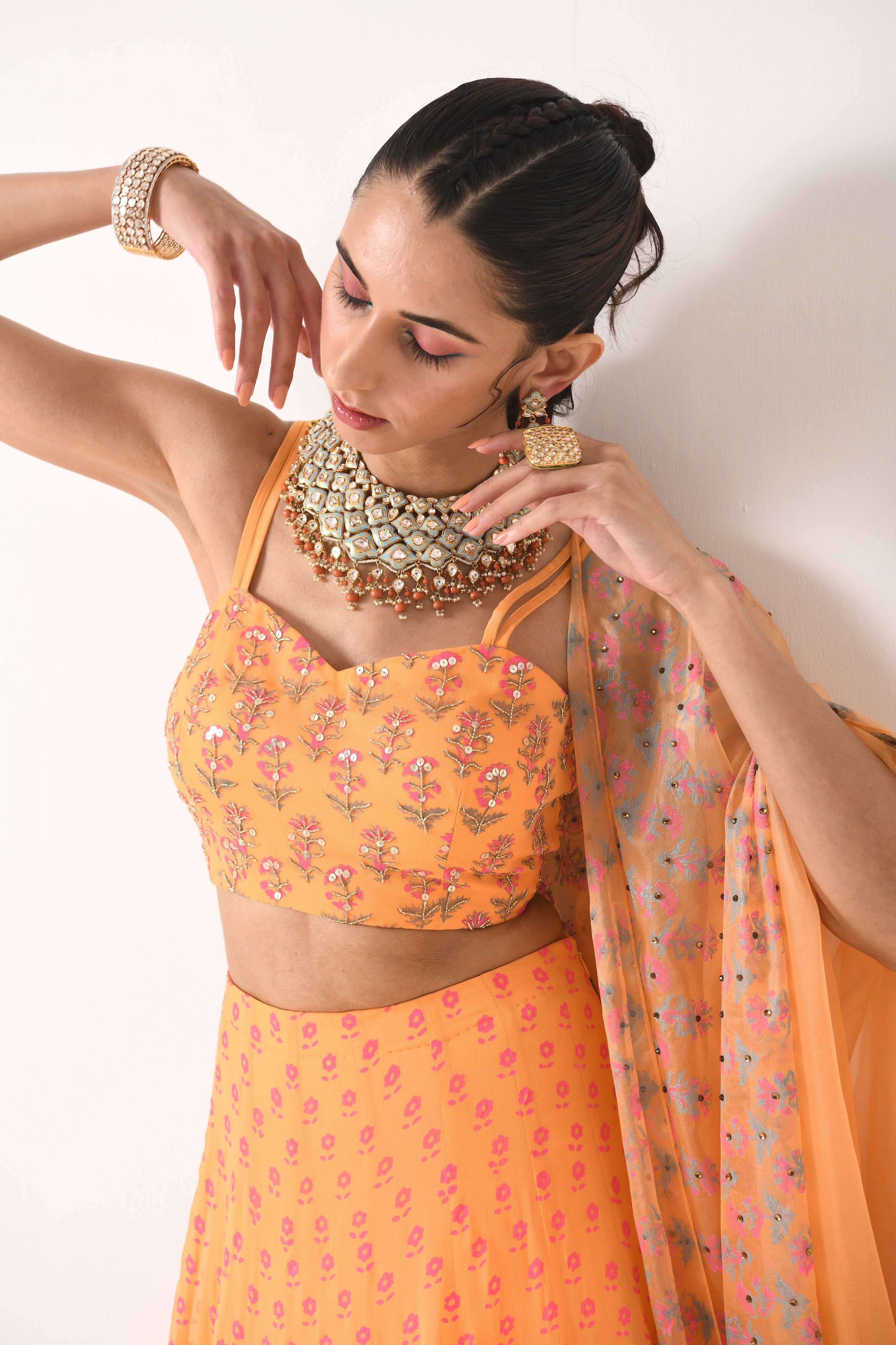 SORBET ORANGE SMALL BOOTI 3 BORDER LEHNGA