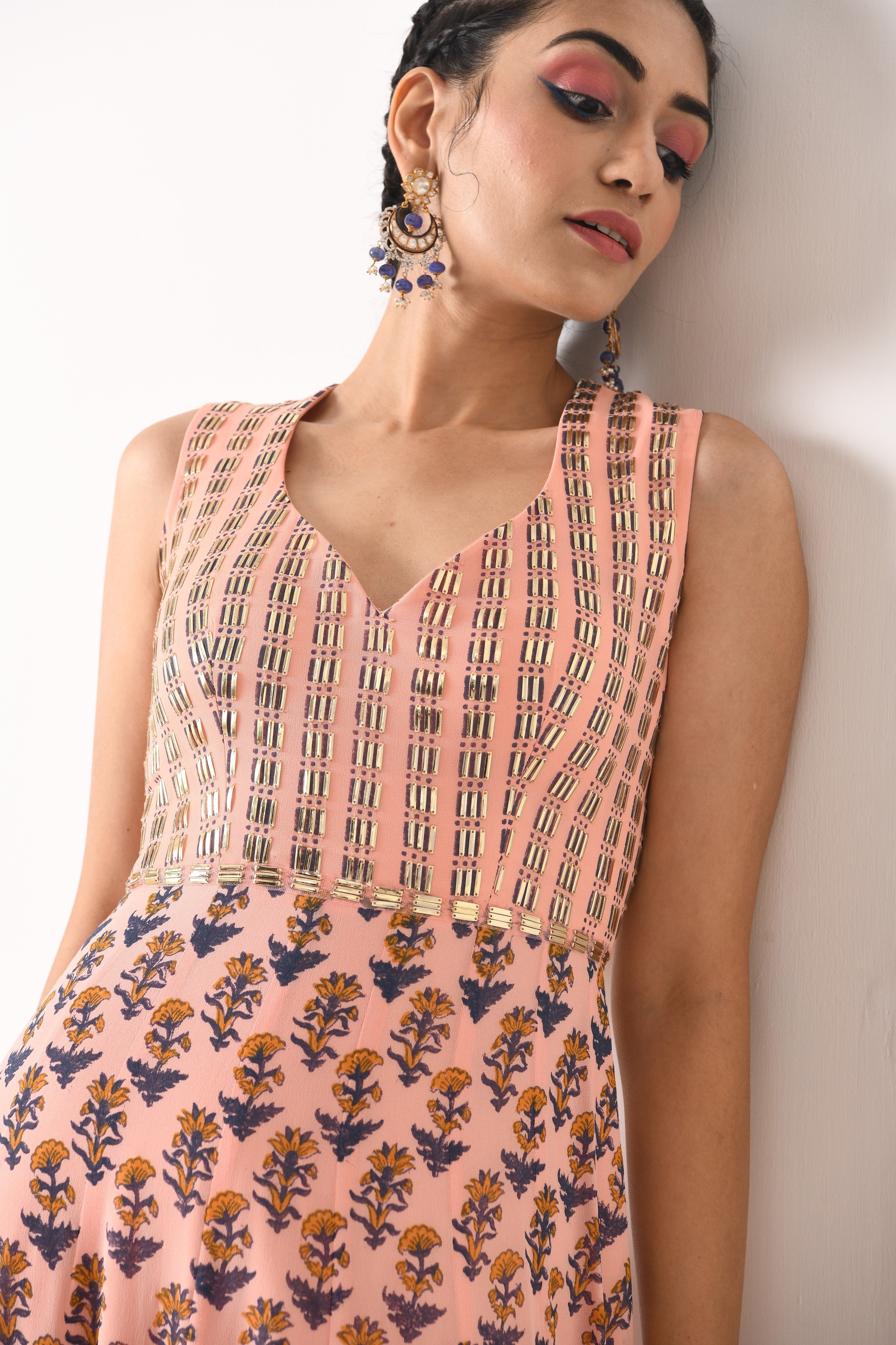 BLUSH PINK ALL OVER PRINT , LINEAR WORK ANARKALI