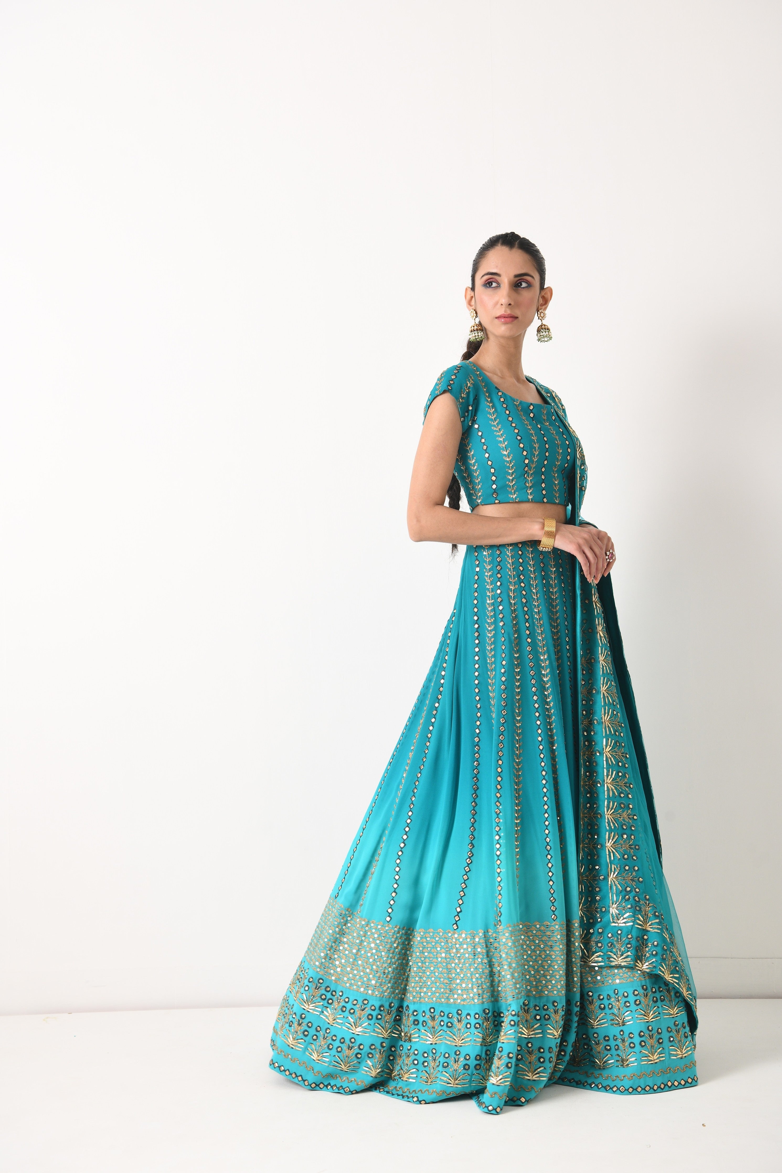 TEAL OMBRE LINEAR EMBROIDERY LEHNGA SET