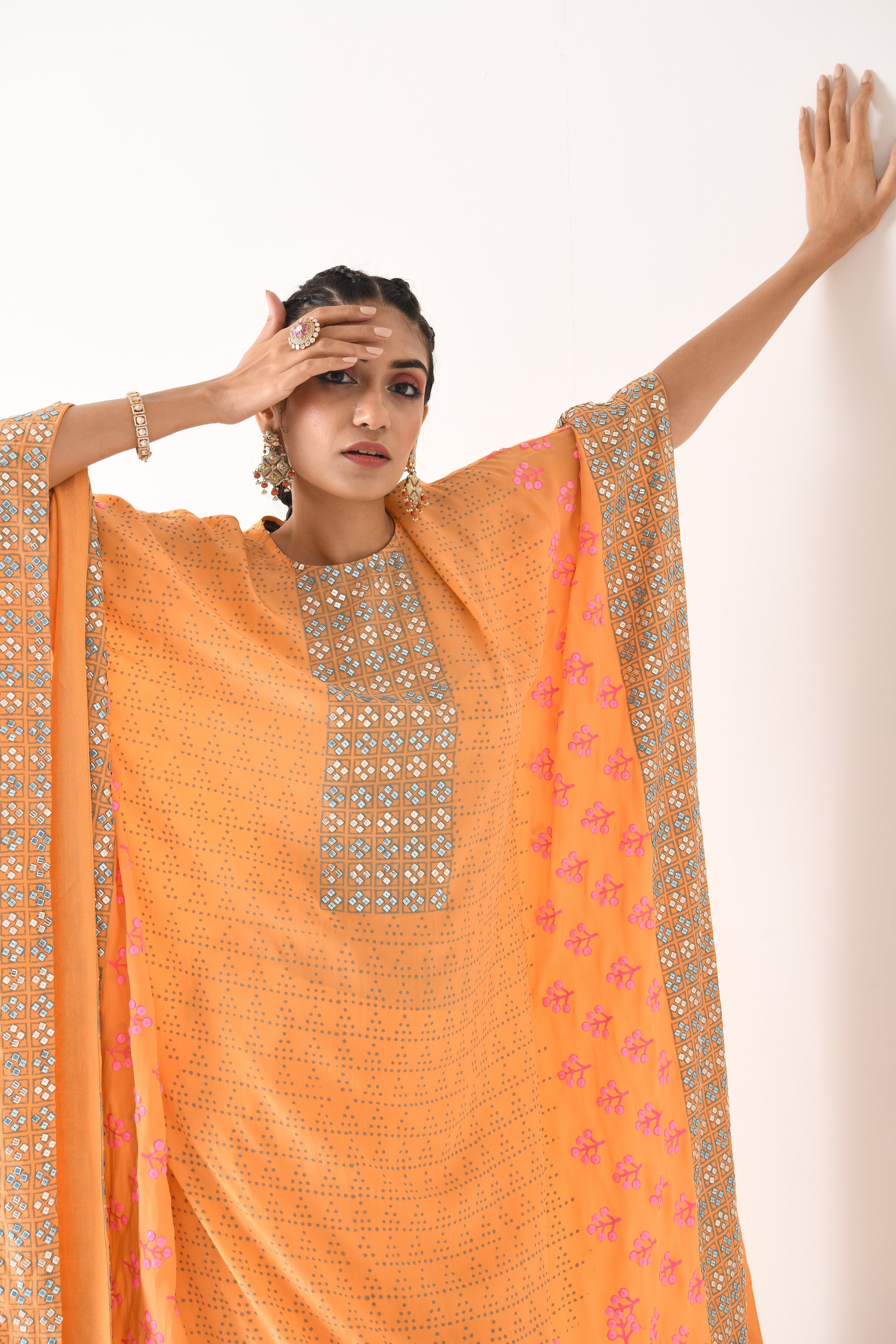 SORBET ORANGE GEOMETRIC MOTIF KAFTAAN SET