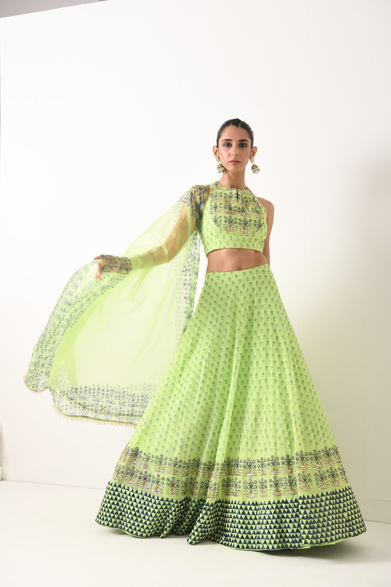 MINT GREEN BIG TRIANGLE MOTIF LEHNGA