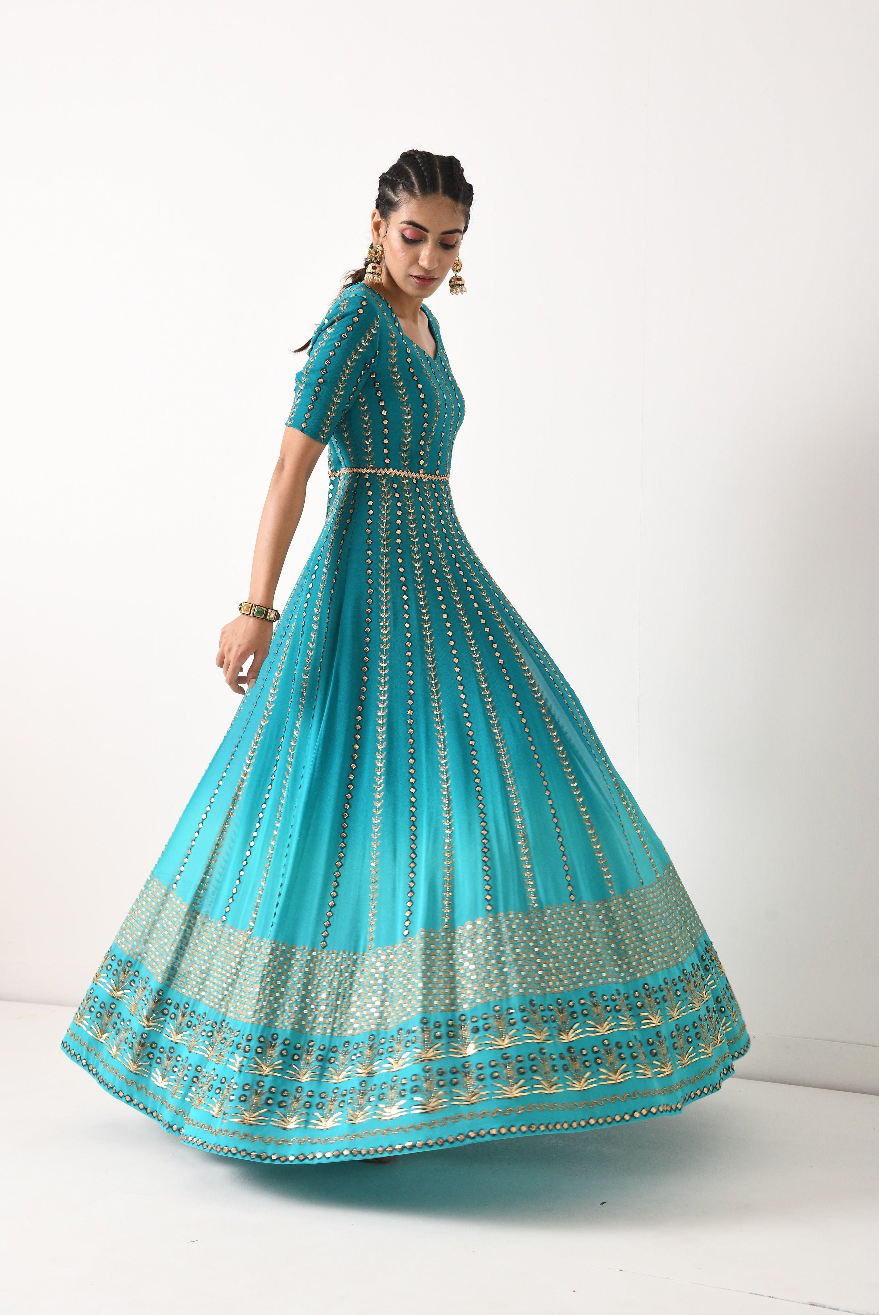 TEAL OMBRE LINEAR EMBROIDERY ANARKALI SET