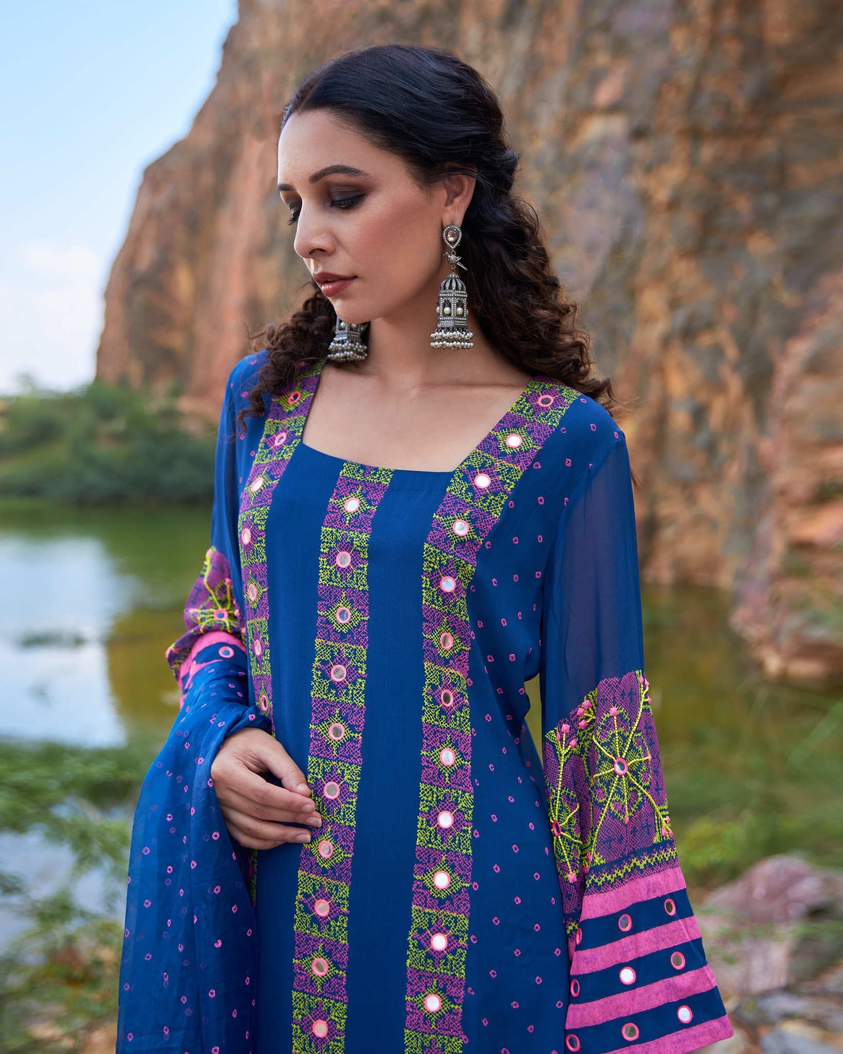 KUTCH BLUE BANDHEJ STRAIGHT KURTA