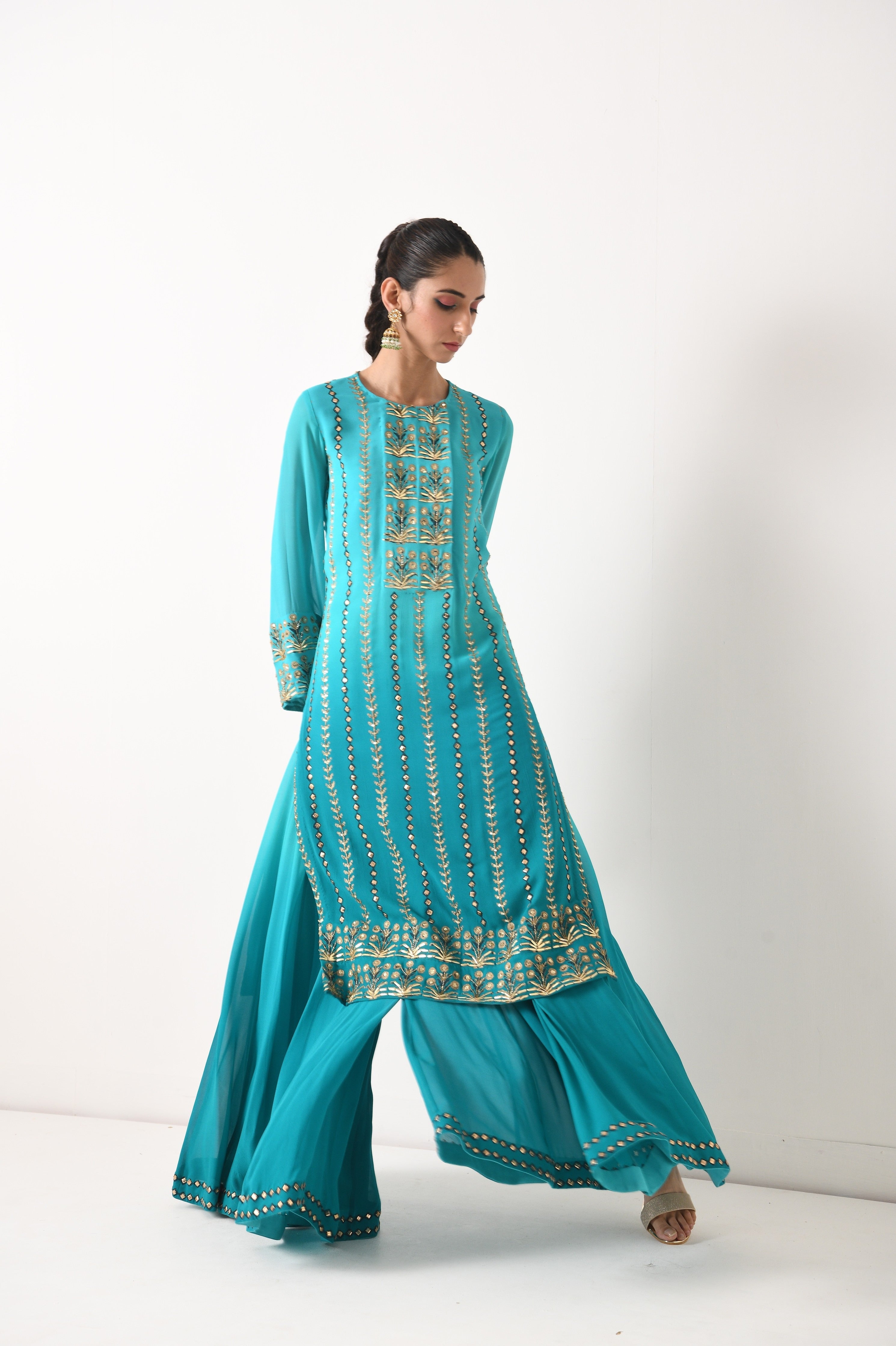 TEAL OMBRE LINEAR EMBROIDERY SHARARA SET