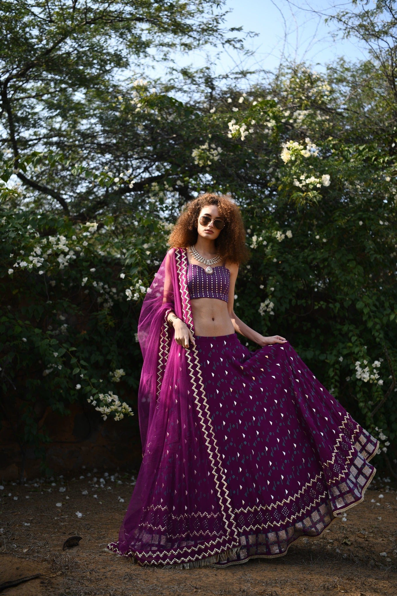 AUBERGINE FLOATING SHAPES LEHNGA