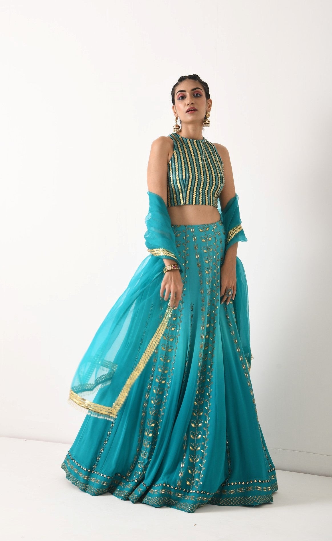 TEAL OMBRE GOLDEN LEAF MOTIF LEHNGA