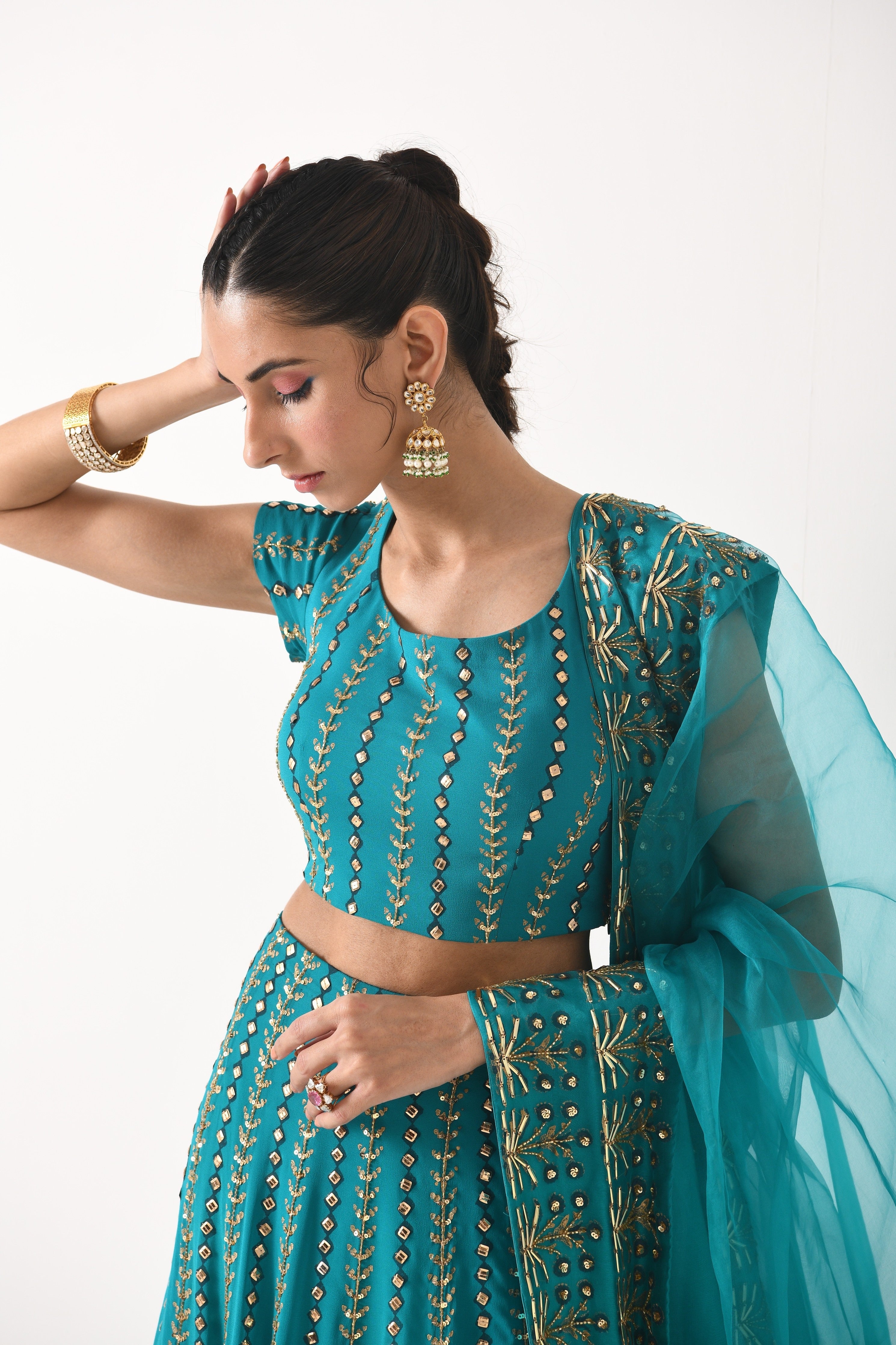 TEAL OMBRE LINEAR EMBROIDERY LEHNGA SET