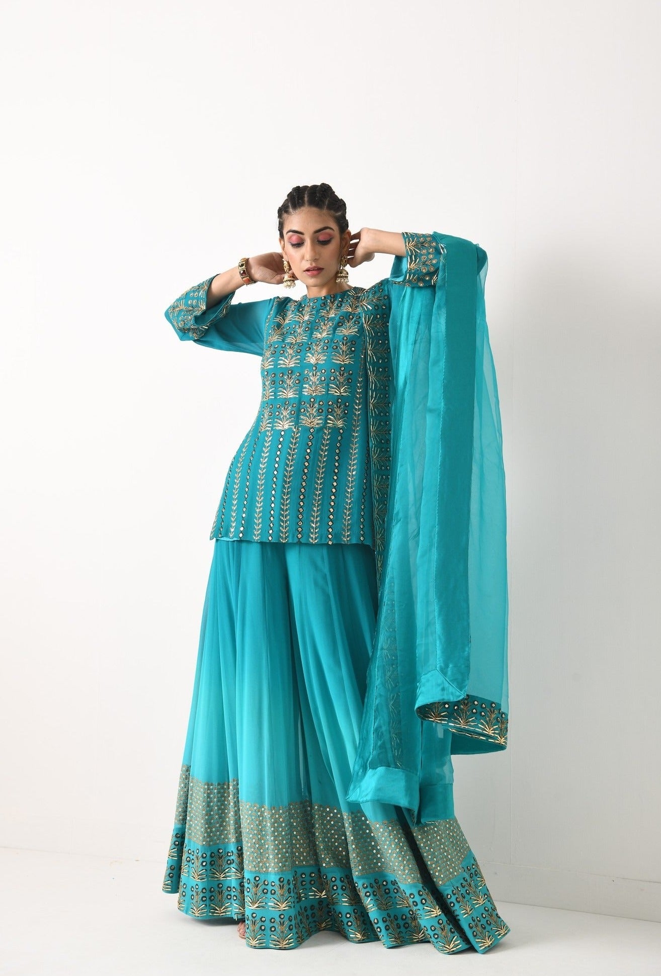 TEAL OMBRE LINEAR EMBROIDERY SHORT SHARARA SET