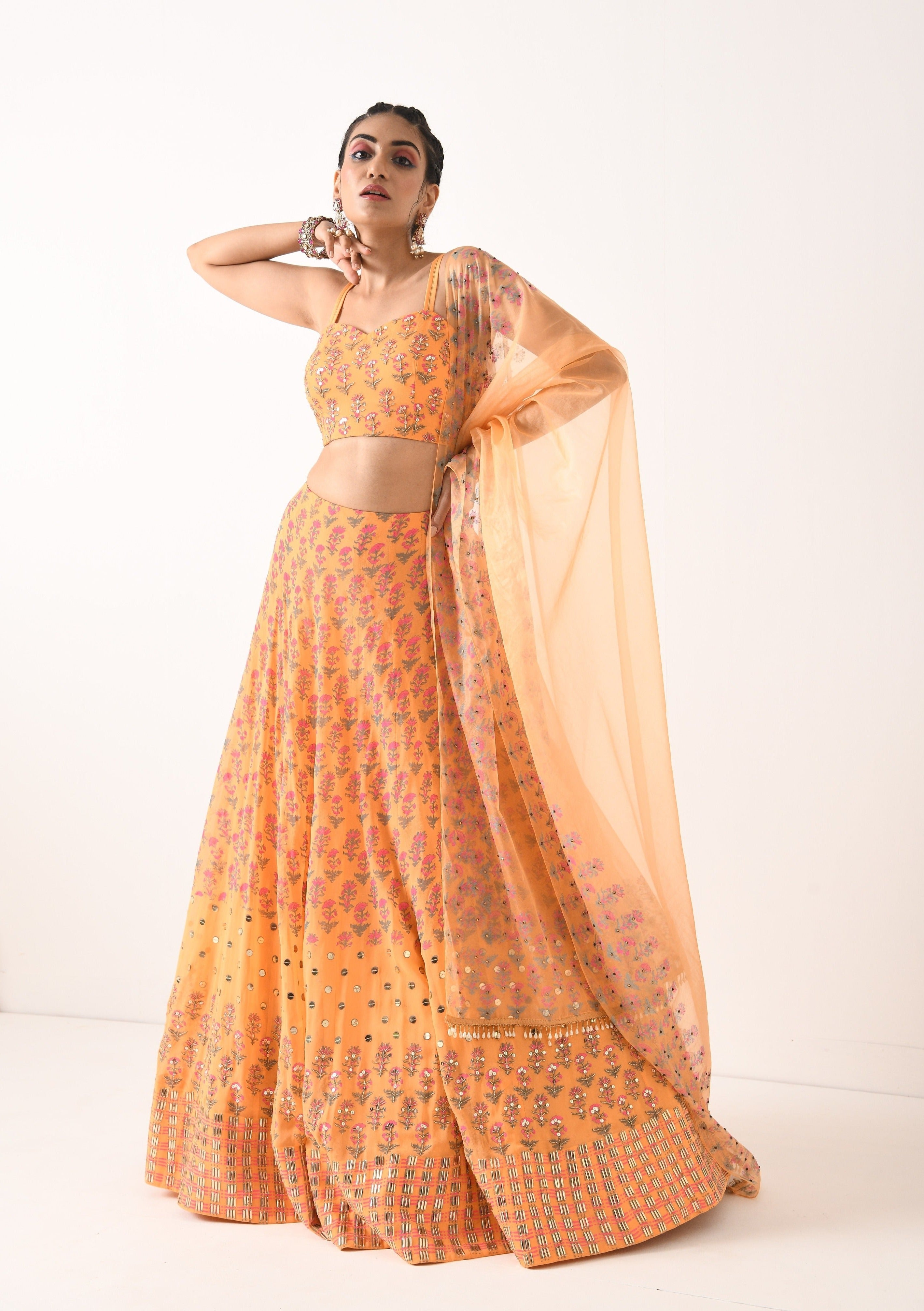 SORBET ORANGE ALL OVER PRINT 3 BORDER LEHNGA