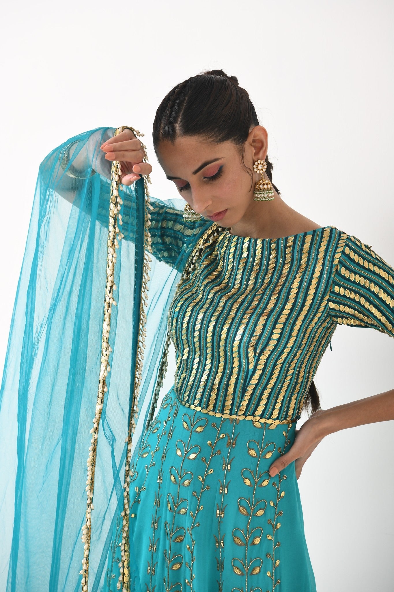 TEAL OMBRE GOLDEN LEAF MOTIF ANARKALI