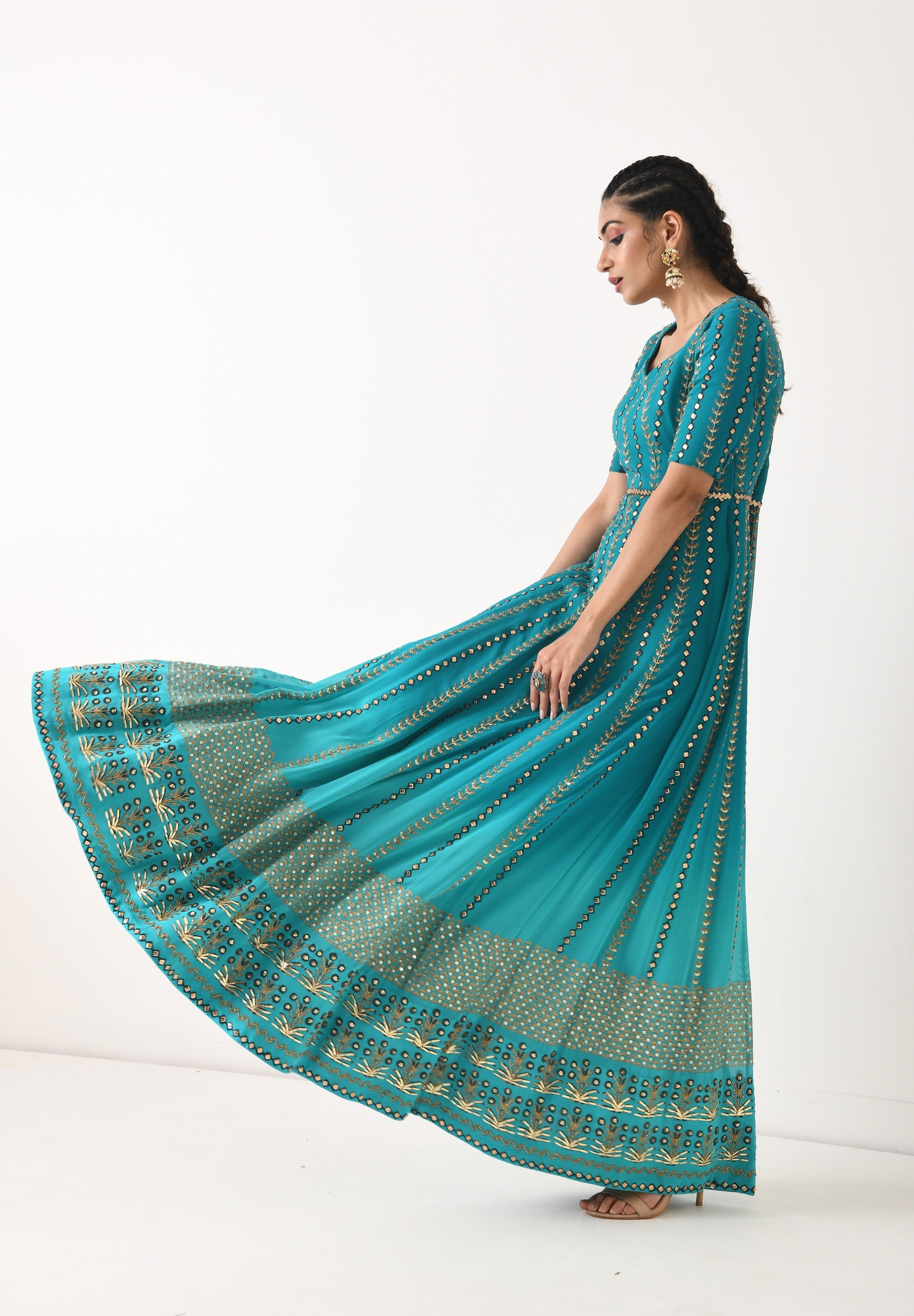 TEAL OMBRE LINEAR EMBROIDERY ANARKALI SET