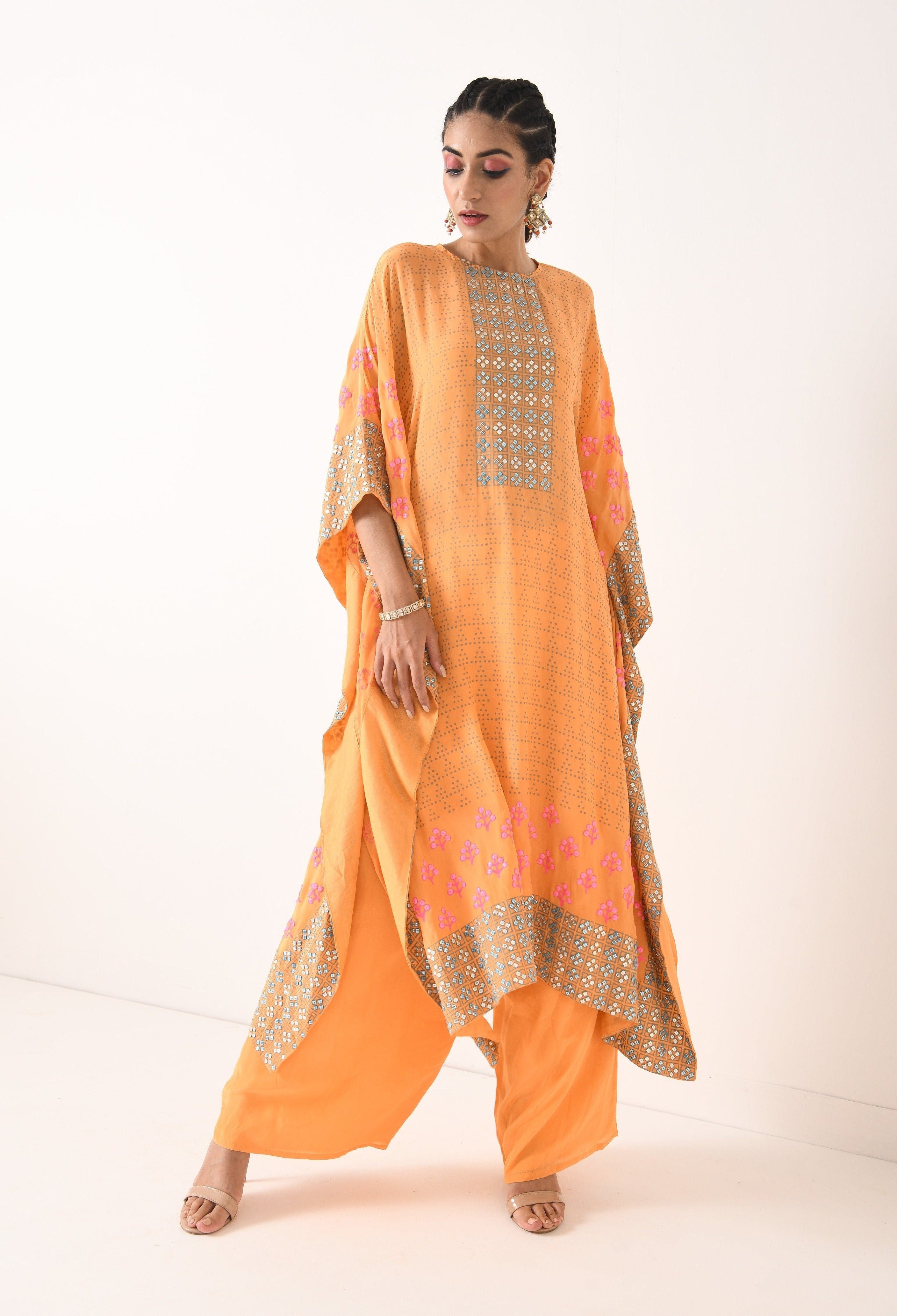 SORBET ORANGE GEOMETRIC MOTIF KAFTAAN SET