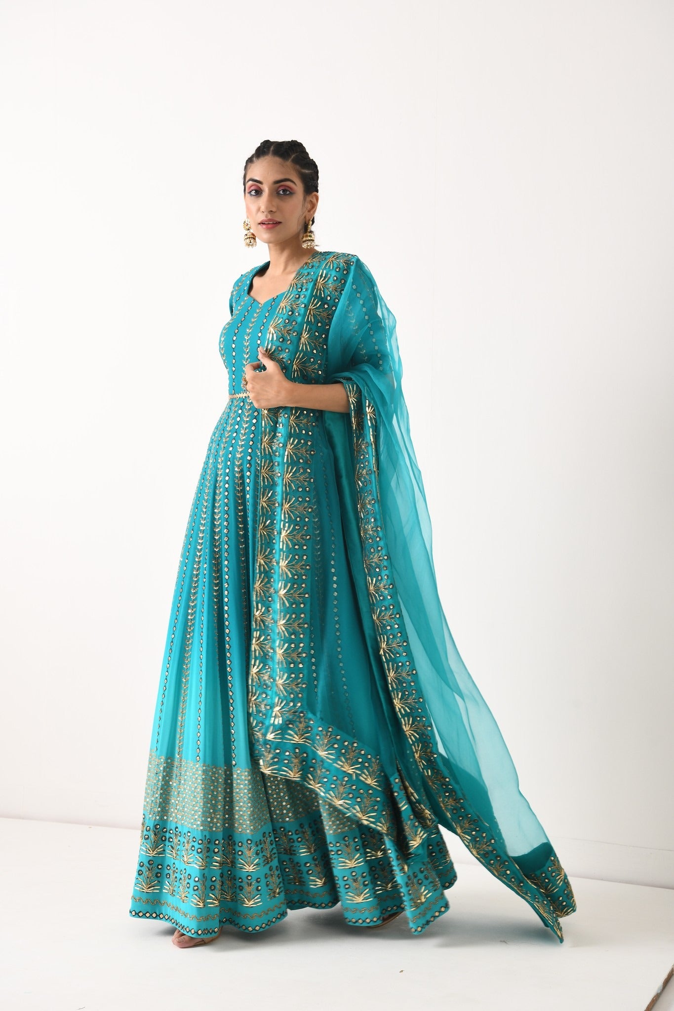 TEAL OMBRE LINEAR EMBROIDERY ANARKALI SET