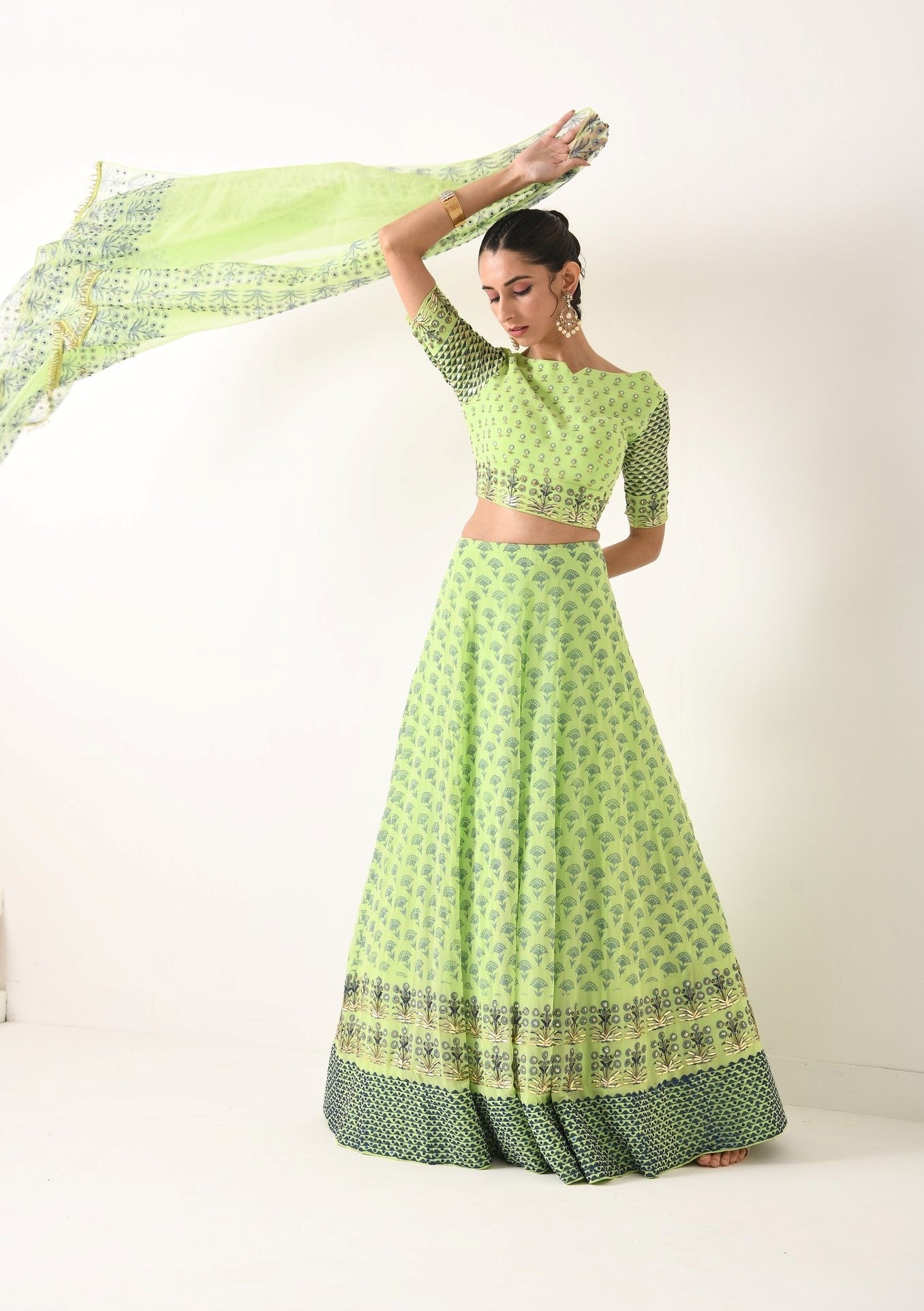 MINT SMALL TRIANGLE BORDER LEHNGA SET