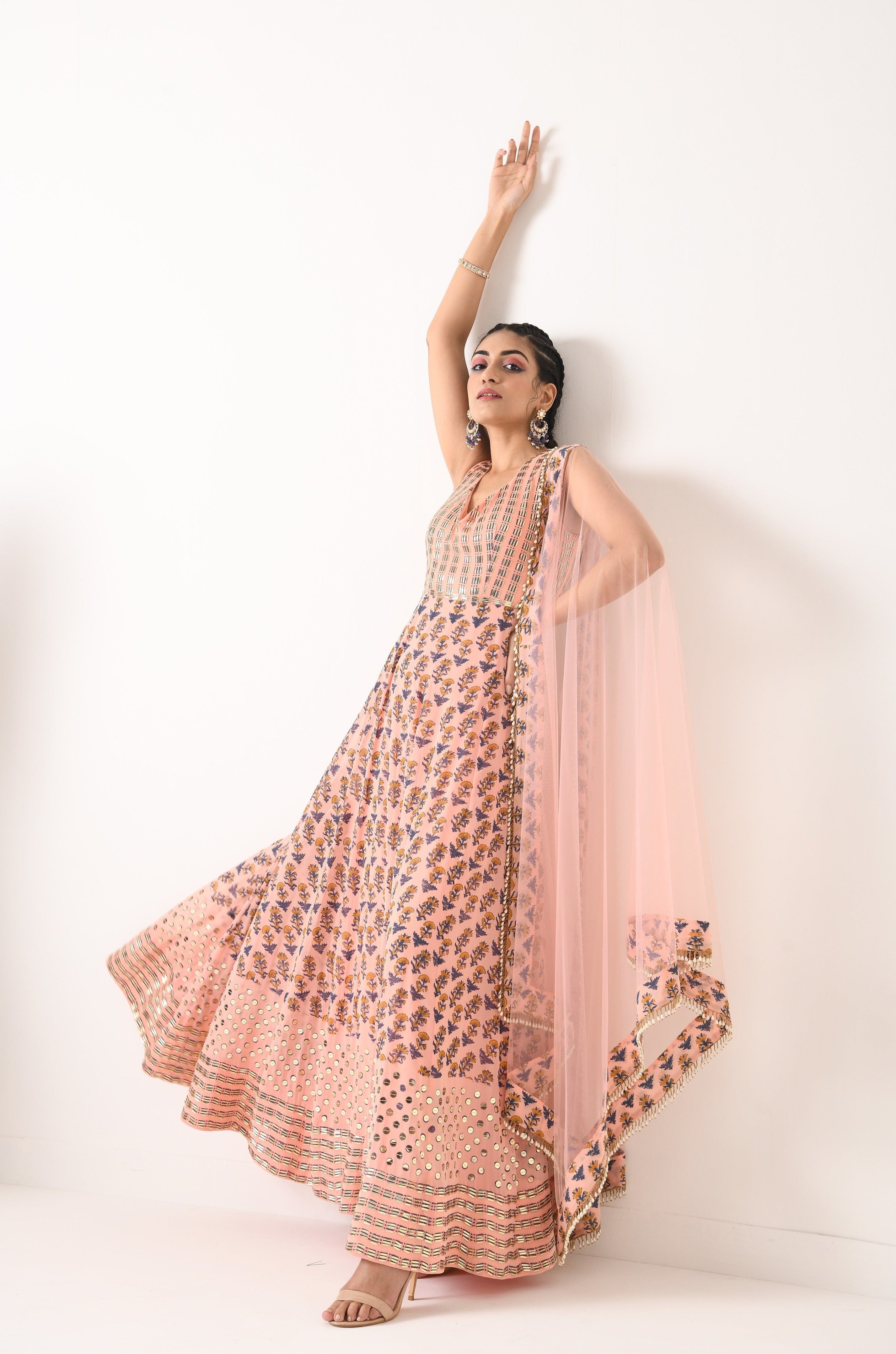 BLUSH PINK ALL OVER PRINT , LINEAR WORK ANARKALI