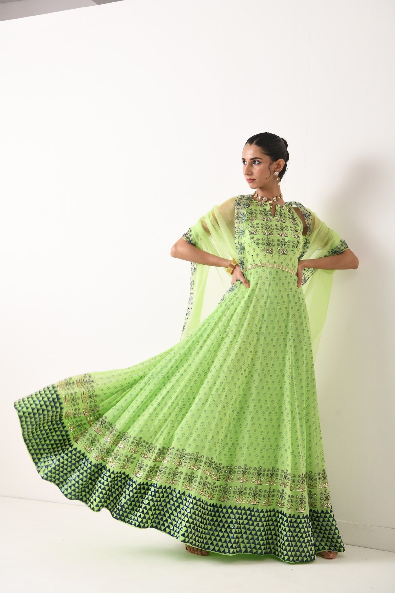 MINT GREEN BIG TRIANGLE MOTIF HAULTER ANARKALI