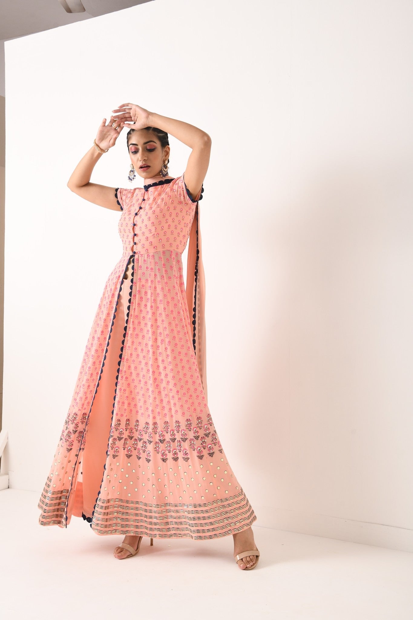 BLUSH PINK 3 BORDER FRONT OPEN ANARKALI