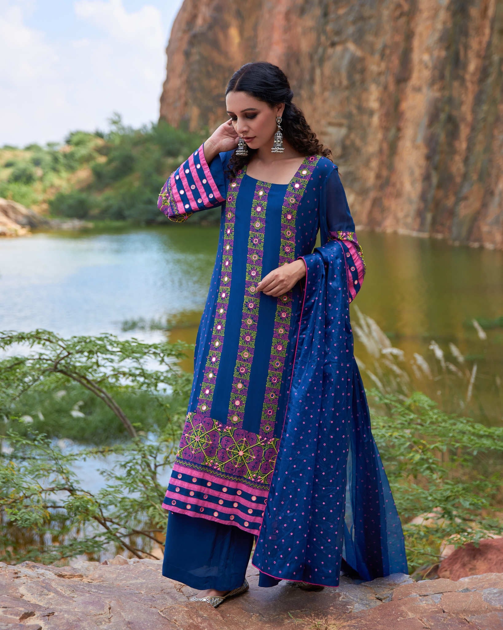 KUTCH BLUE BANDHEJ STRAIGHT KURTA