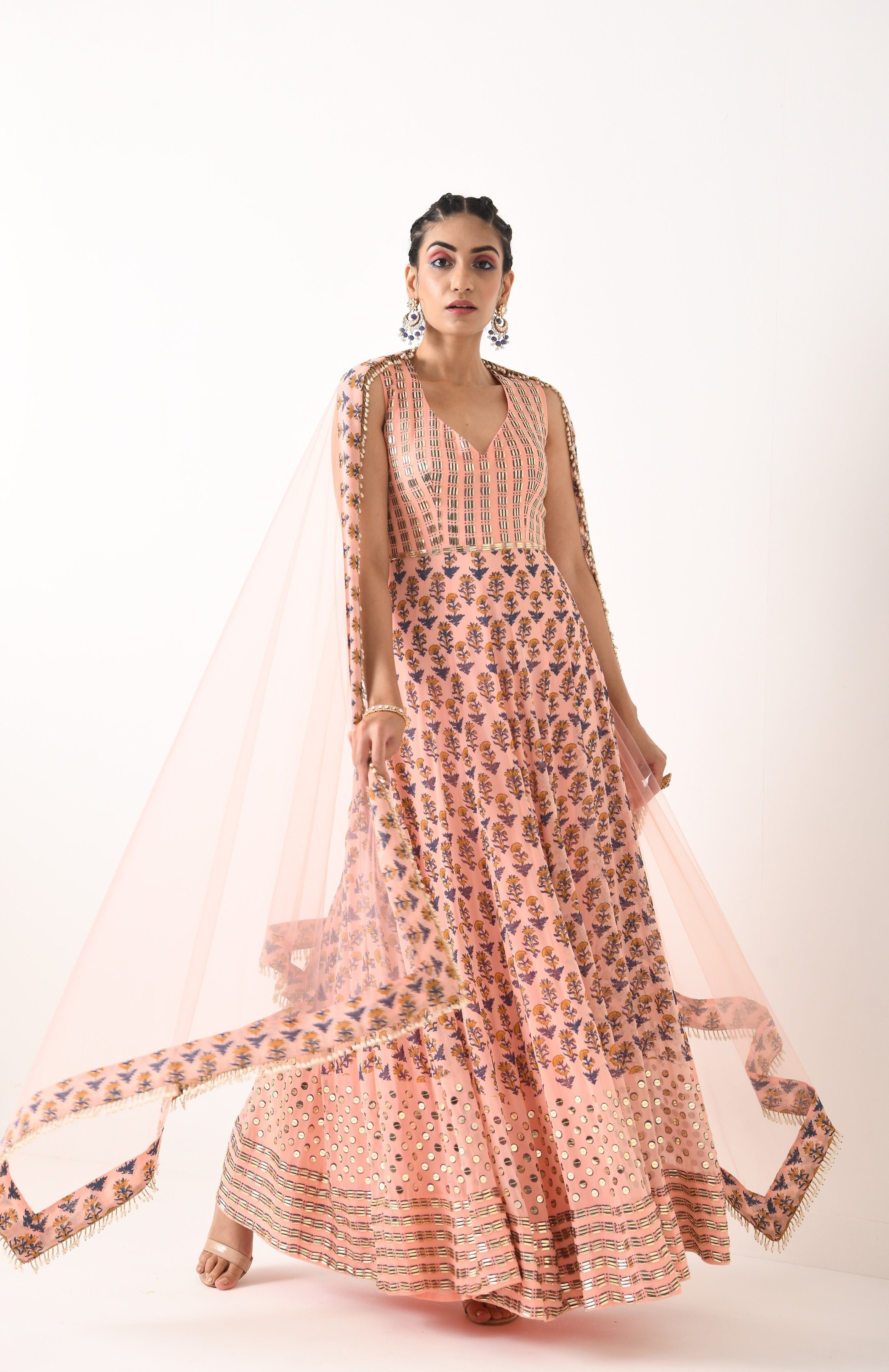 BLUSH PINK ALL OVER PRINT , LINEAR WORK ANARKALI