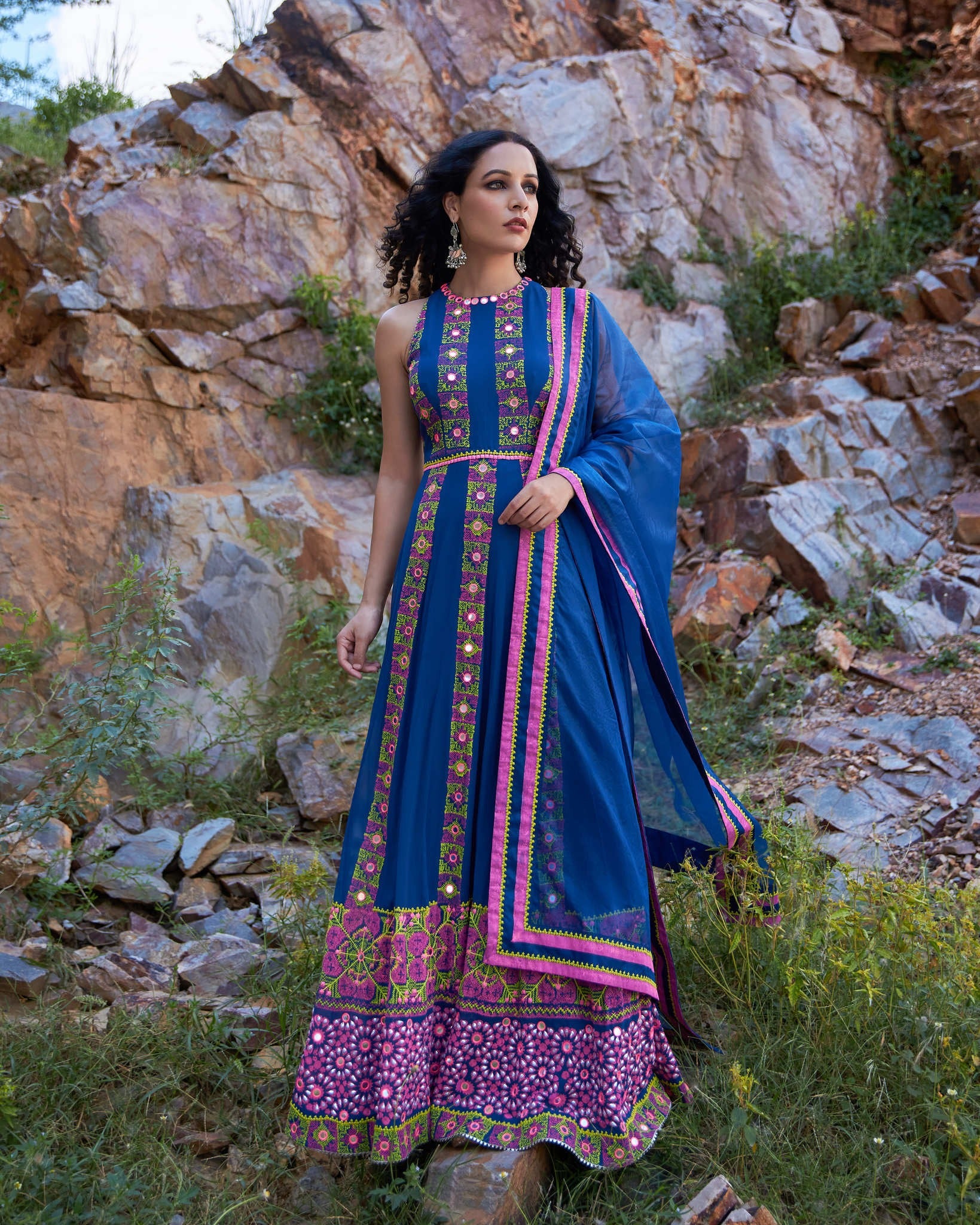 KUTCH BLUE LINEAR ANARKALI SET