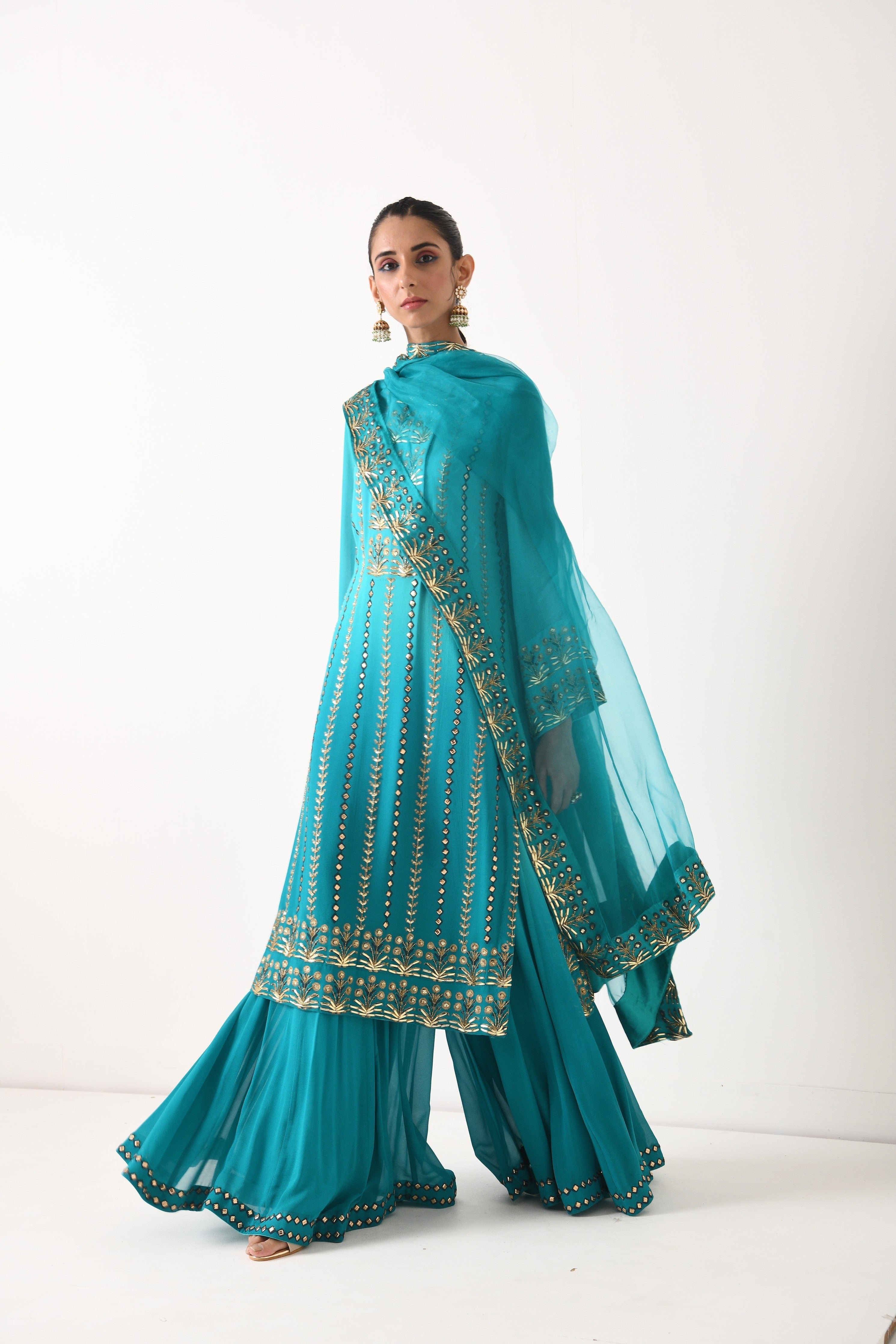 TEAL OMBRE LINEAR EMBROIDERY SHARARA SET