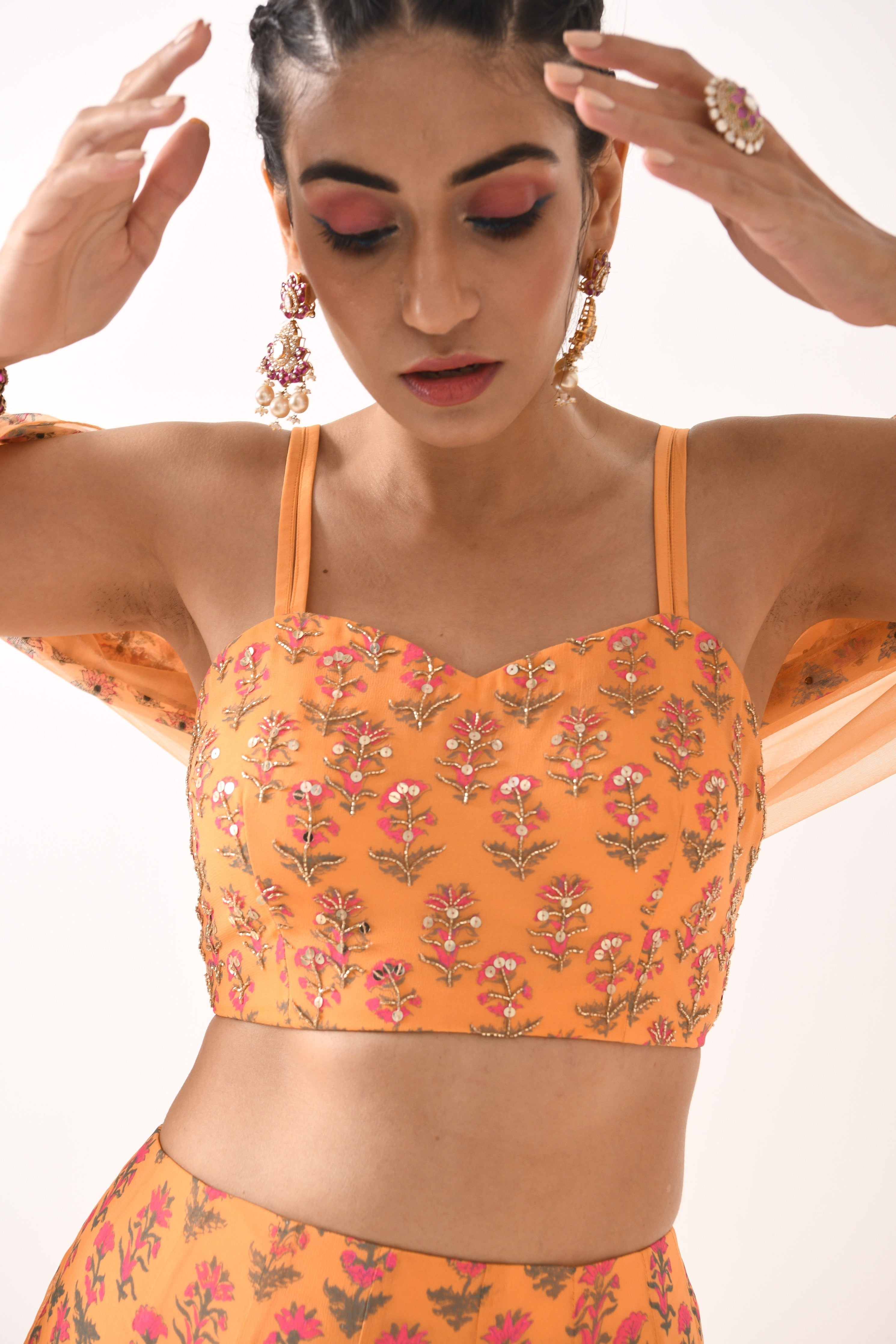 SORBET ORANGE ALL OVER PRINT 3 BORDER LEHNGA