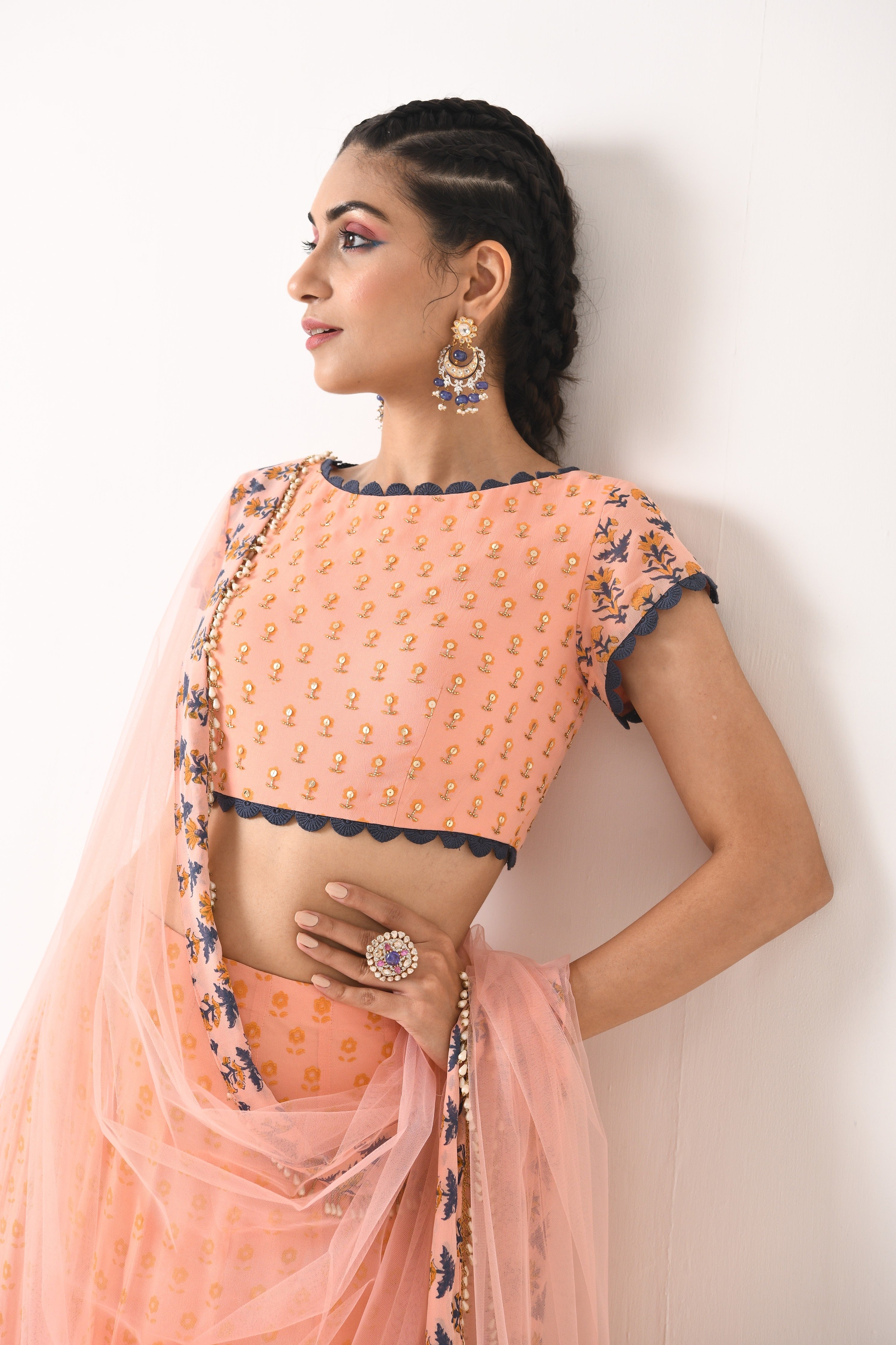 BLUSH PINK THREE BORDER SMALL BOOTI LEHNGA