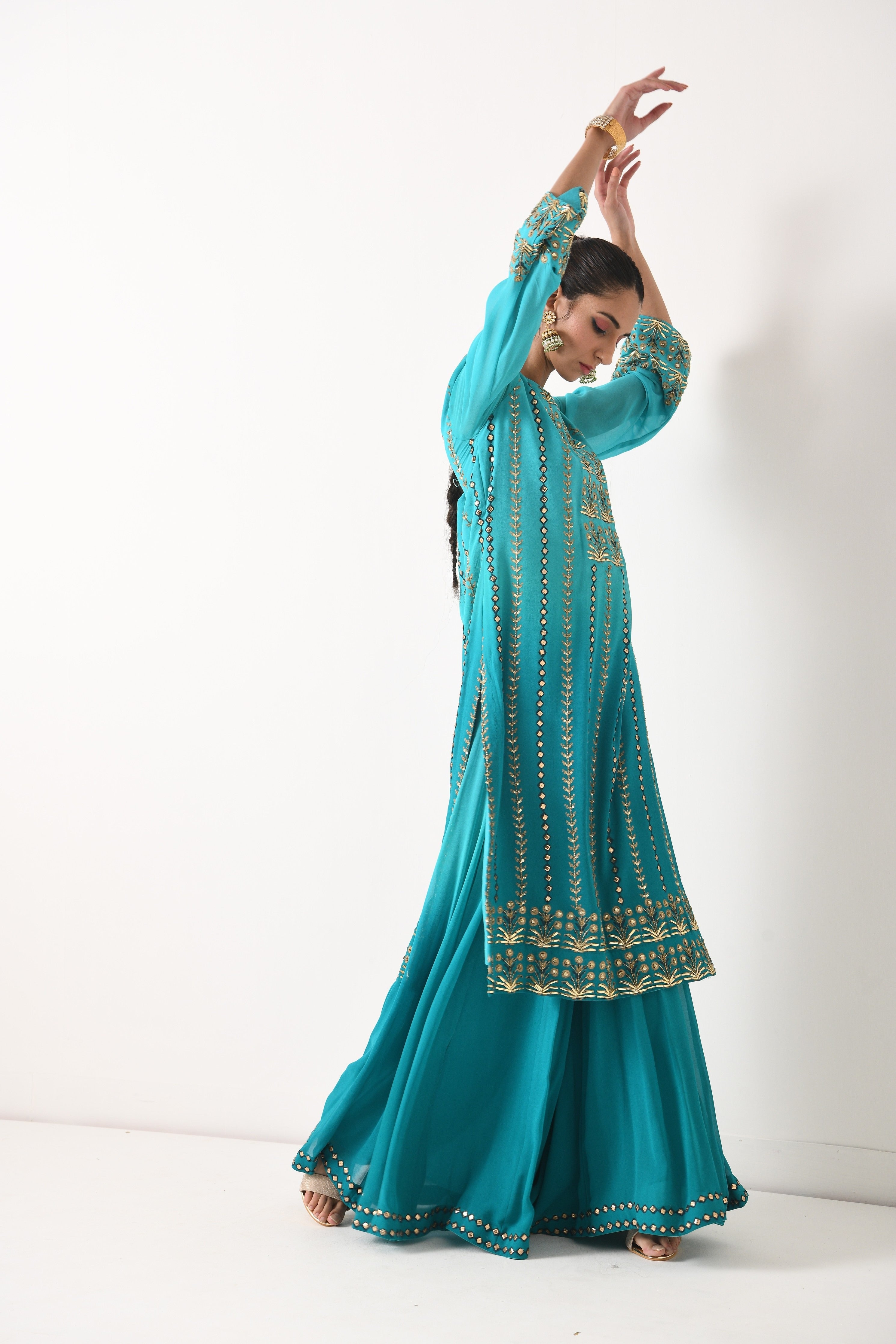 TEAL OMBRE LINEAR EMBROIDERY SHARARA SET